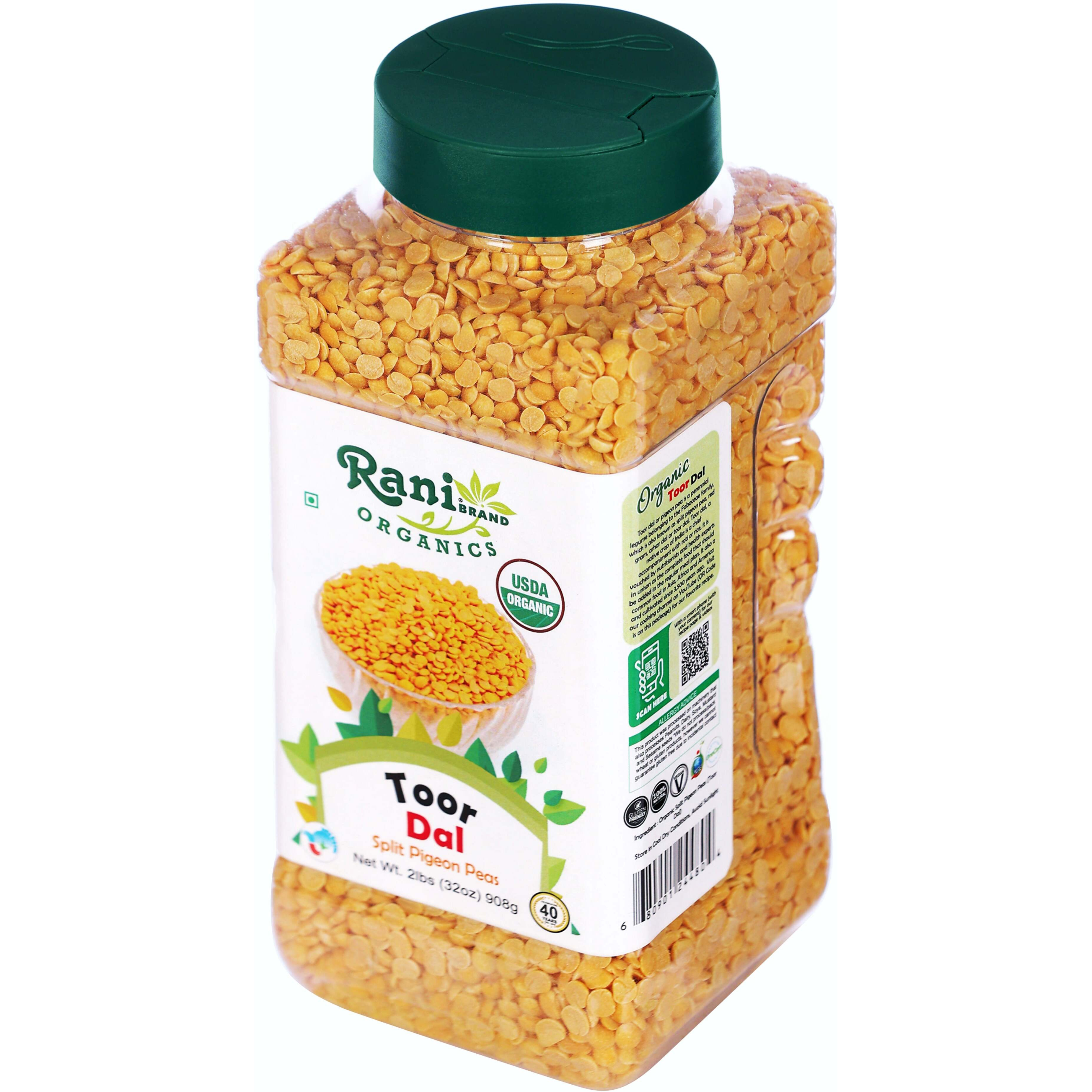 Rani Organic Toor Dal (Split Pigeon Peas) 32oz (2lbs) 908g PET Jar ~ All Natural, Vegan, Gluten Friendly, NON-GMO, Indian Origin, USDA Certified Organic
