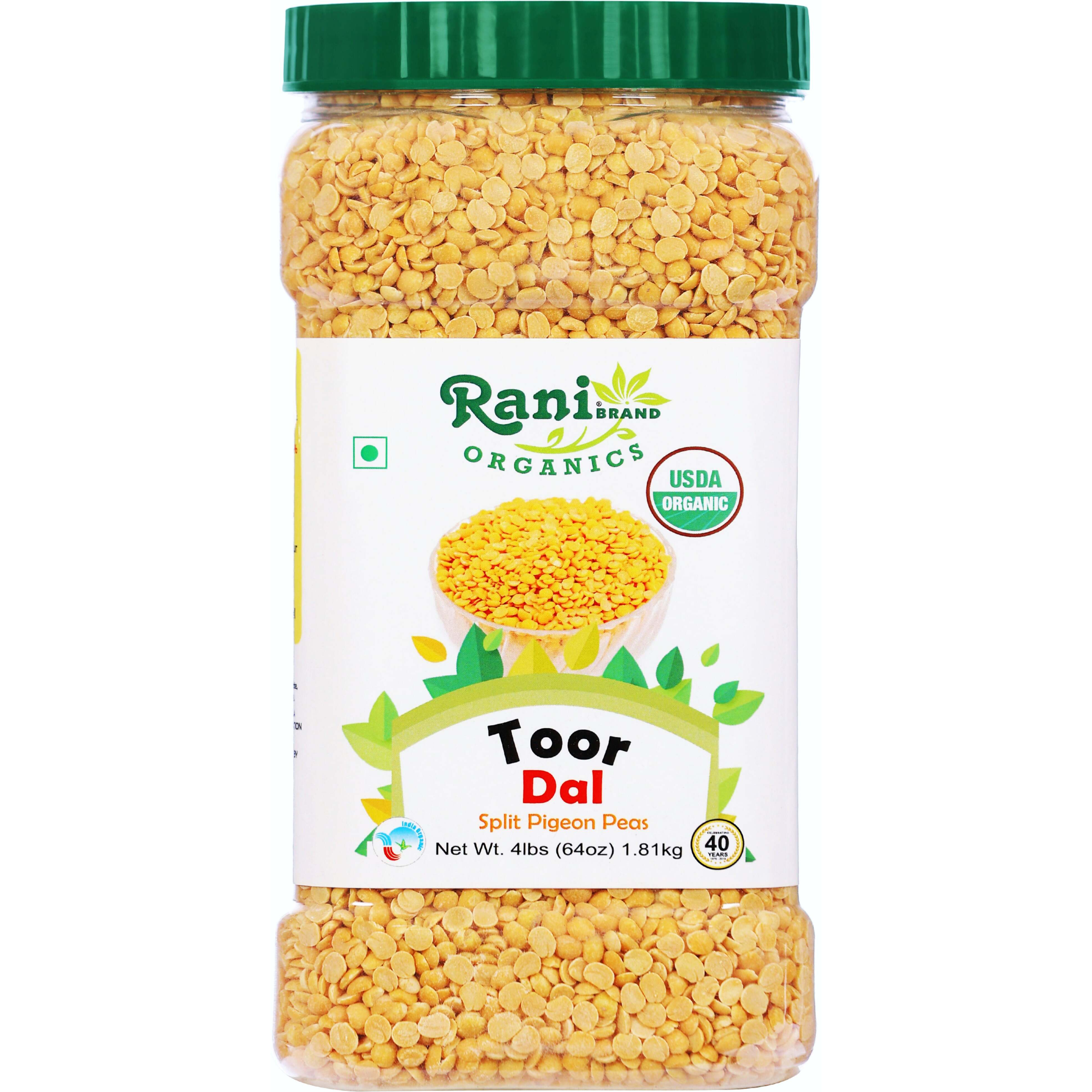 Rani Organic Toor Dal (Split Pigeon Peas) 64oz (4lbs) 1.81kg Bulk PET Jar ~ All Natural, Vegan, Gluten Friendly, NON-GMO, Indian Origin, USDA Certified Organic