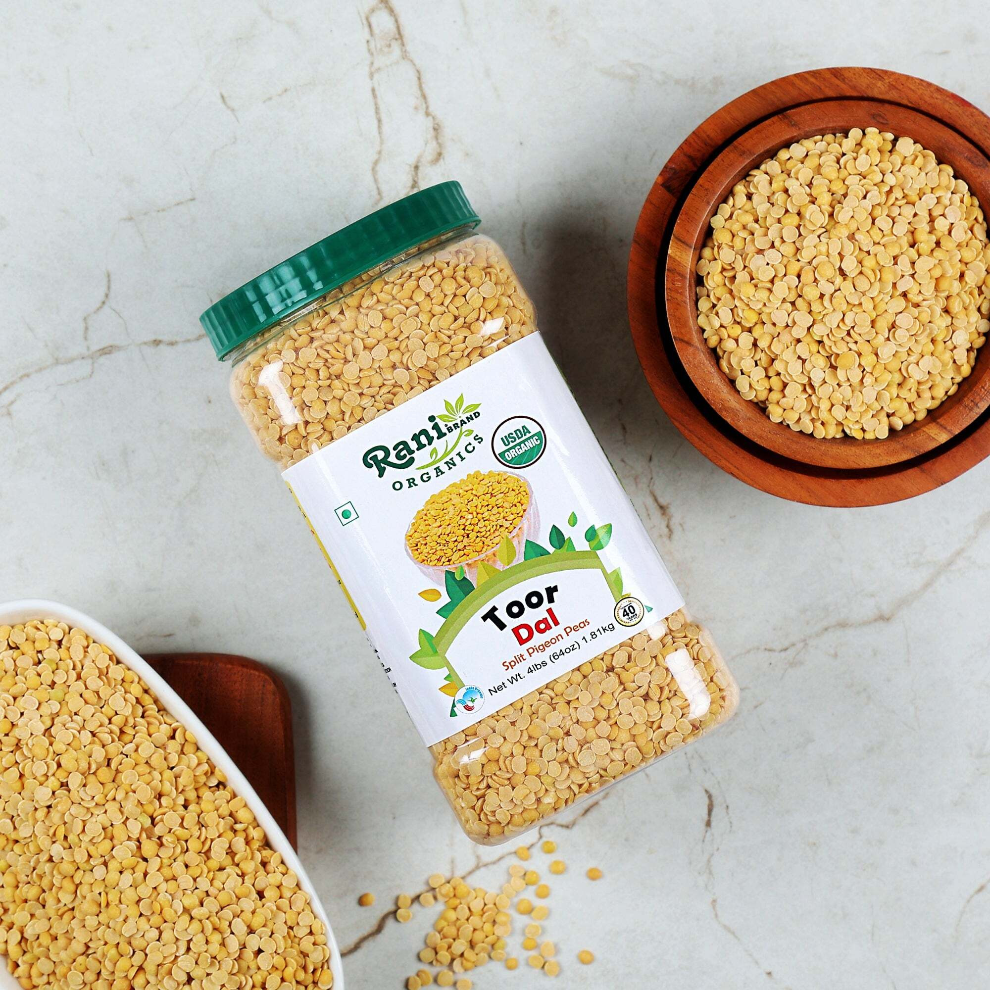 Rani Organic Toor Dal (Split Pigeon Peas) 64oz (4lbs) 1.81kg Bulk PET Jar ~ All Natural, Vegan, Gluten Friendly, NON-GMO, Indian Origin, USDA Certified Organic