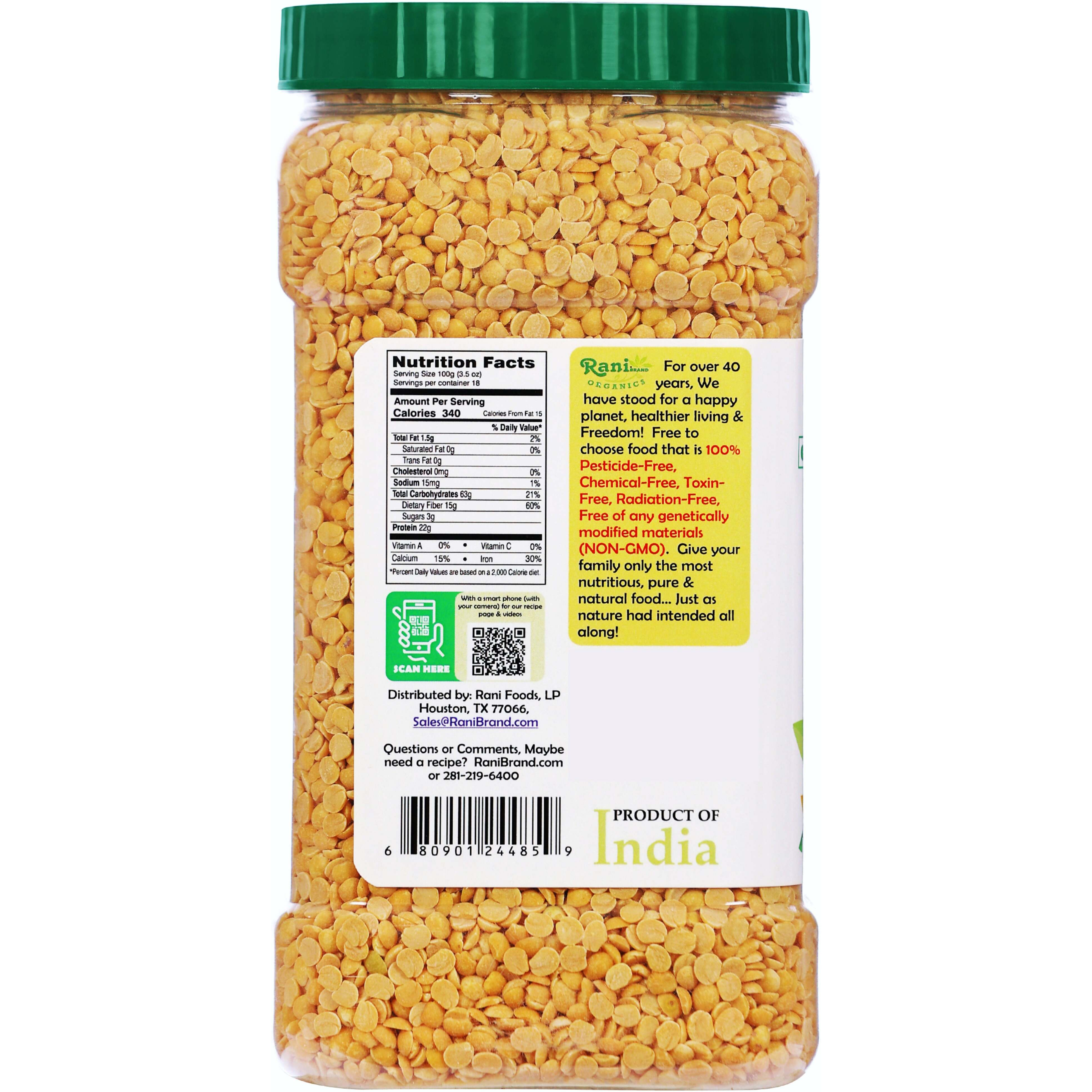 Rani Organic Toor Dal (Split Pigeon Peas) 64oz (4lbs) 1.81kg Bulk PET Jar ~ All Natural, Vegan, Gluten Friendly, NON-GMO, Indian Origin, USDA Certified Organic