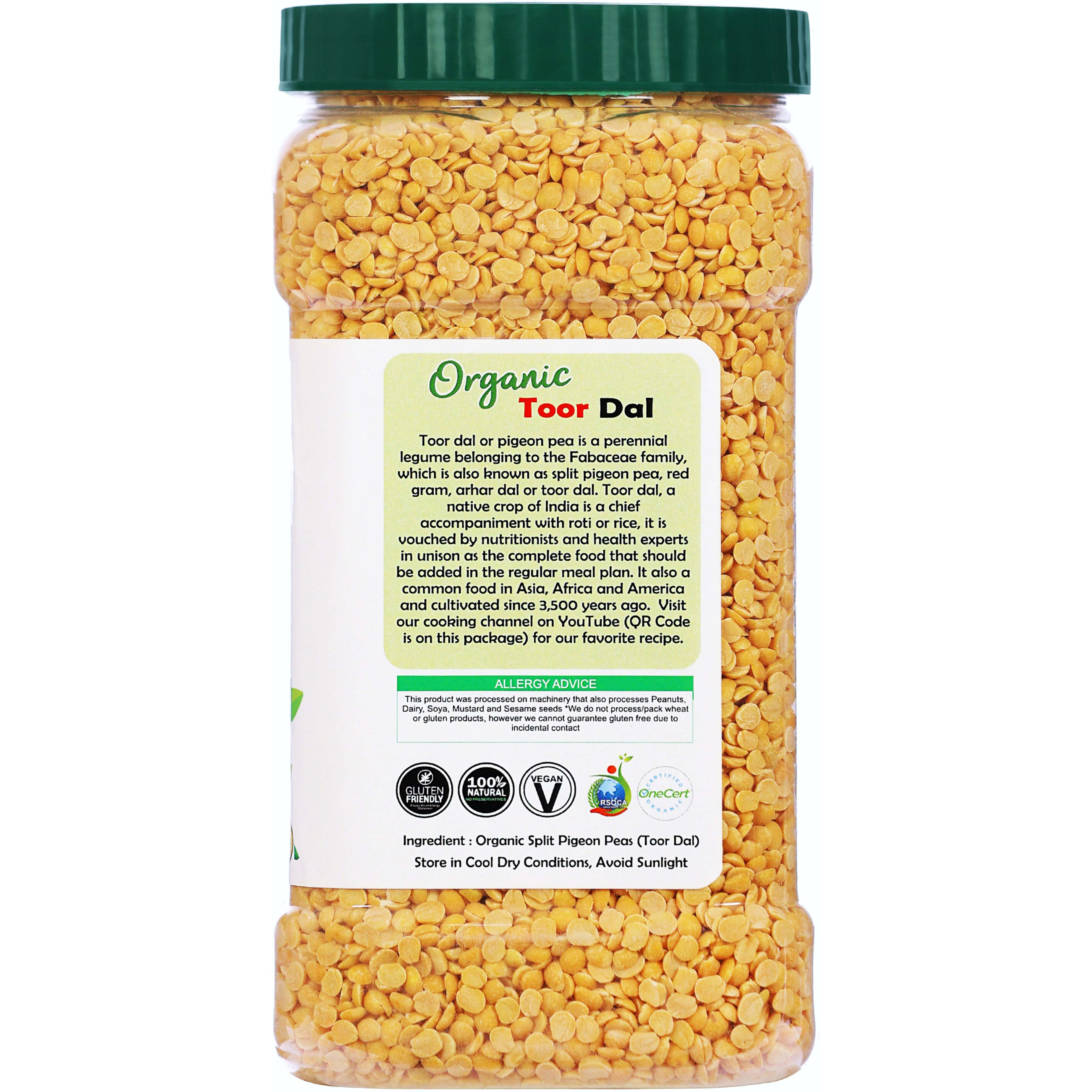 Rani Organic Toor Dal (Split Pigeon Peas) 64oz (4lbs) 1.81kg Bulk PET Jar ~ All Natural, Vegan, Gluten Friendly, NON-GMO, Indian Origin, USDA Certified Organic