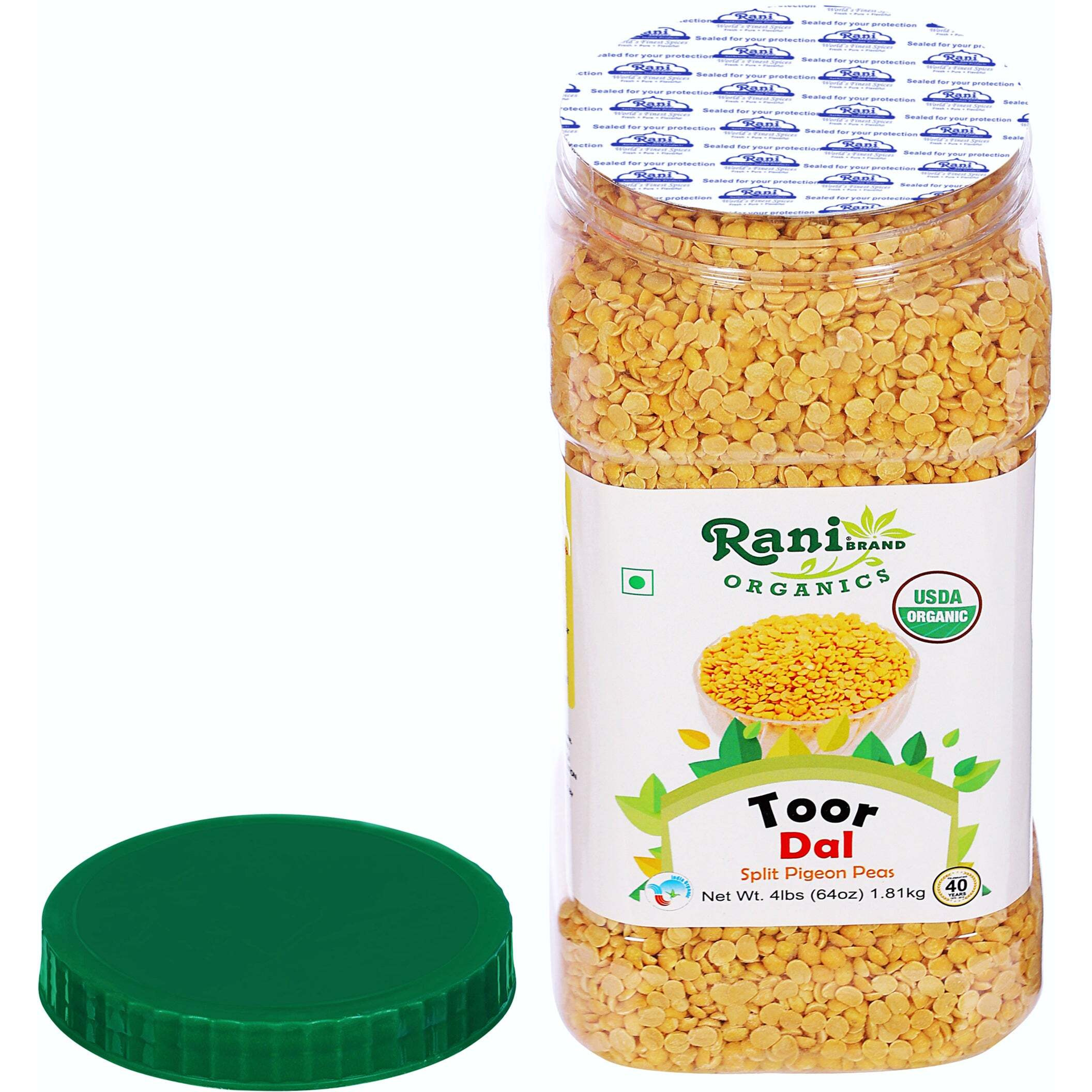 Rani Organic Toor Dal (Split Pigeon Peas) 64oz (4lbs) 1.81kg Bulk PET Jar ~ All Natural, Vegan, Gluten Friendly, NON-GMO, Indian Origin, USDA Certified Organic
