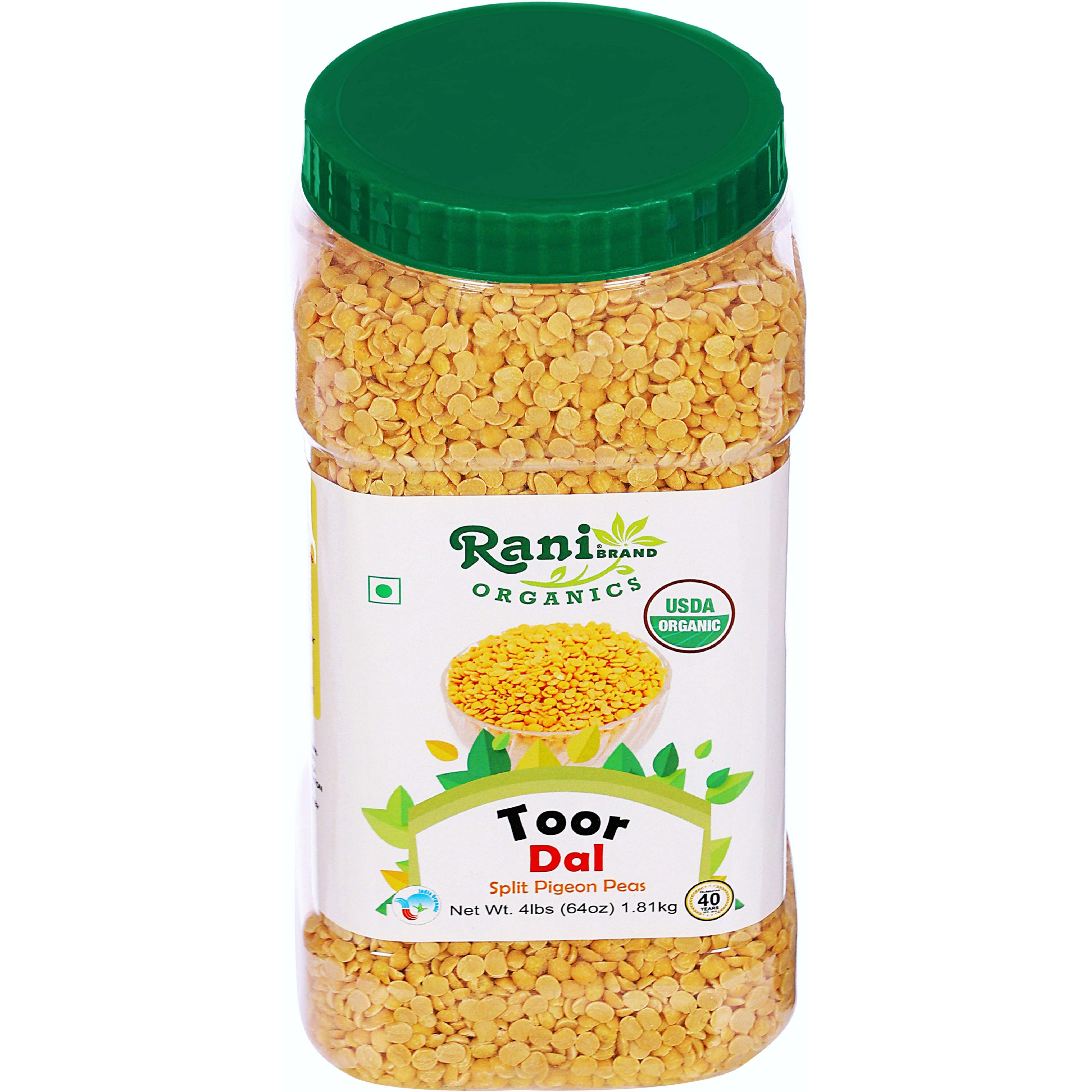 Rani Organic Toor Dal (Split Pigeon Peas) 64oz (4lbs) 1.81kg Bulk PET Jar ~ All Natural, Vegan, Gluten Friendly, NON-GMO, Indian Origin, USDA Certified Organic