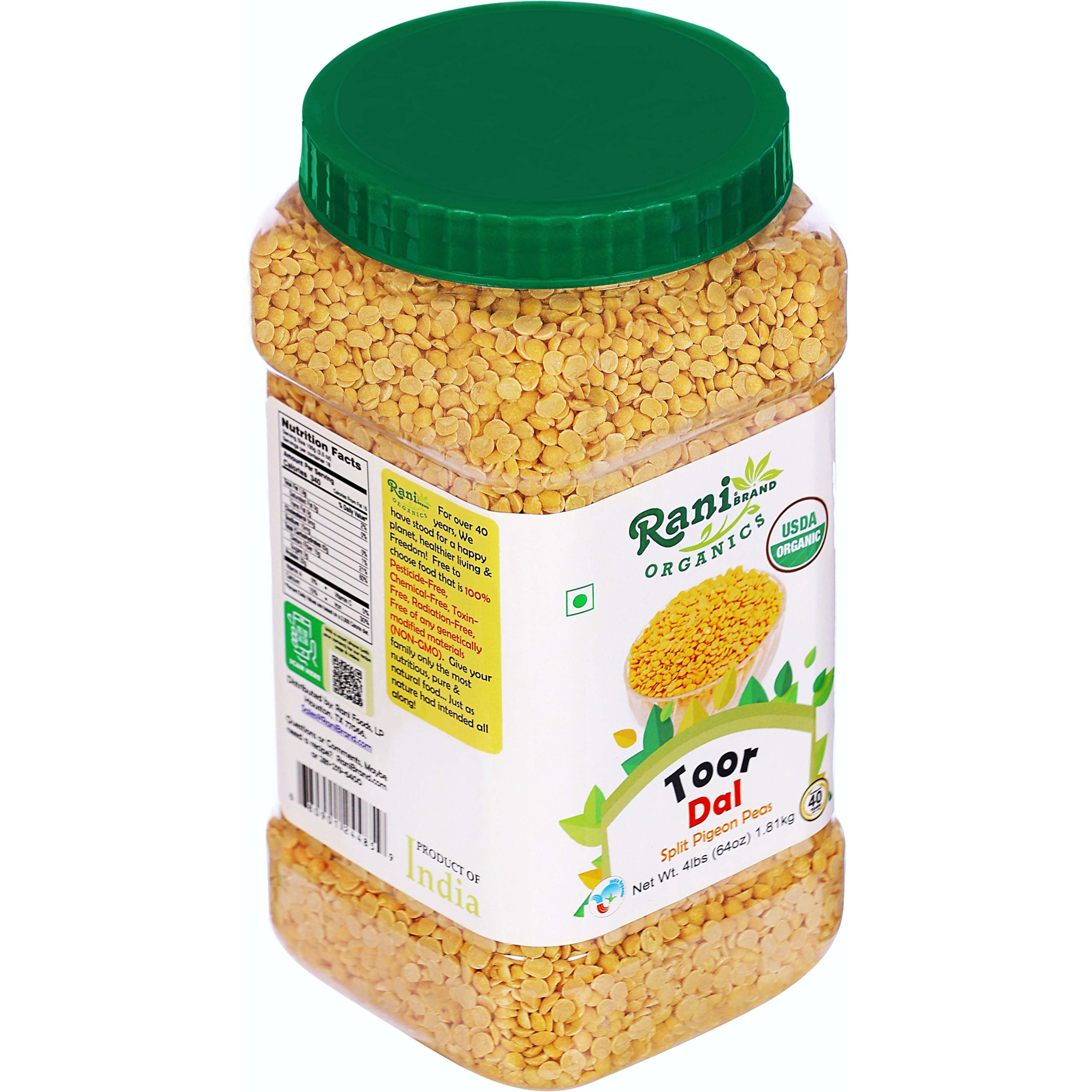 Rani Organic Toor Dal (Split Pigeon Peas) 64oz (4lbs) 1.81kg Bulk PET Jar ~ All Natural, Vegan, Gluten Friendly, NON-GMO, Indian Origin, USDA Certified Organic