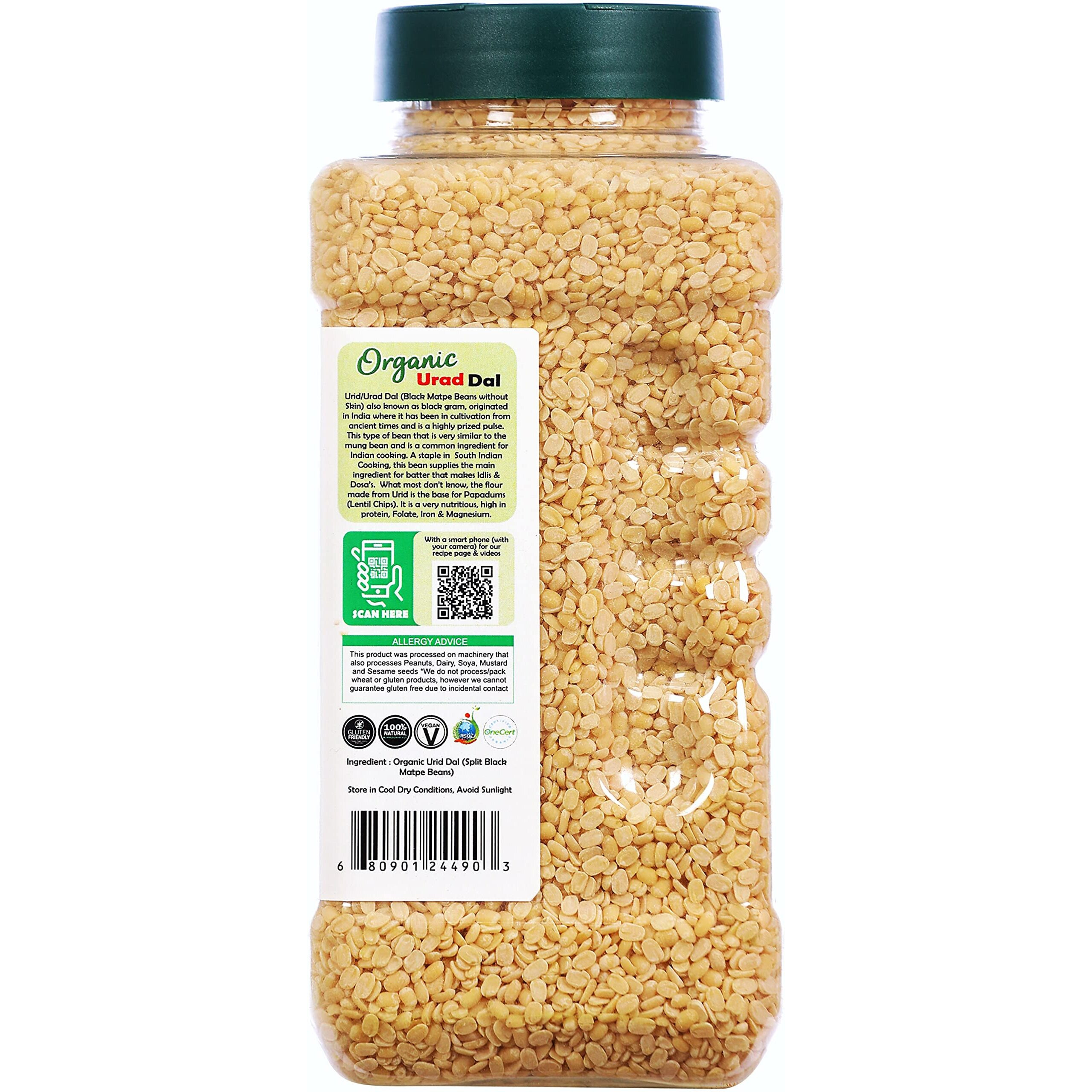 Rani Organic Urid/Urad Dal (Split Matpe Beans Skinless) Indian Lentils 32oz (2lbs) 908g PET Jar ~ All Natural, Vegan, Gluten Friendly, NON-GMO, Indian Origin, USDA Certified Organic