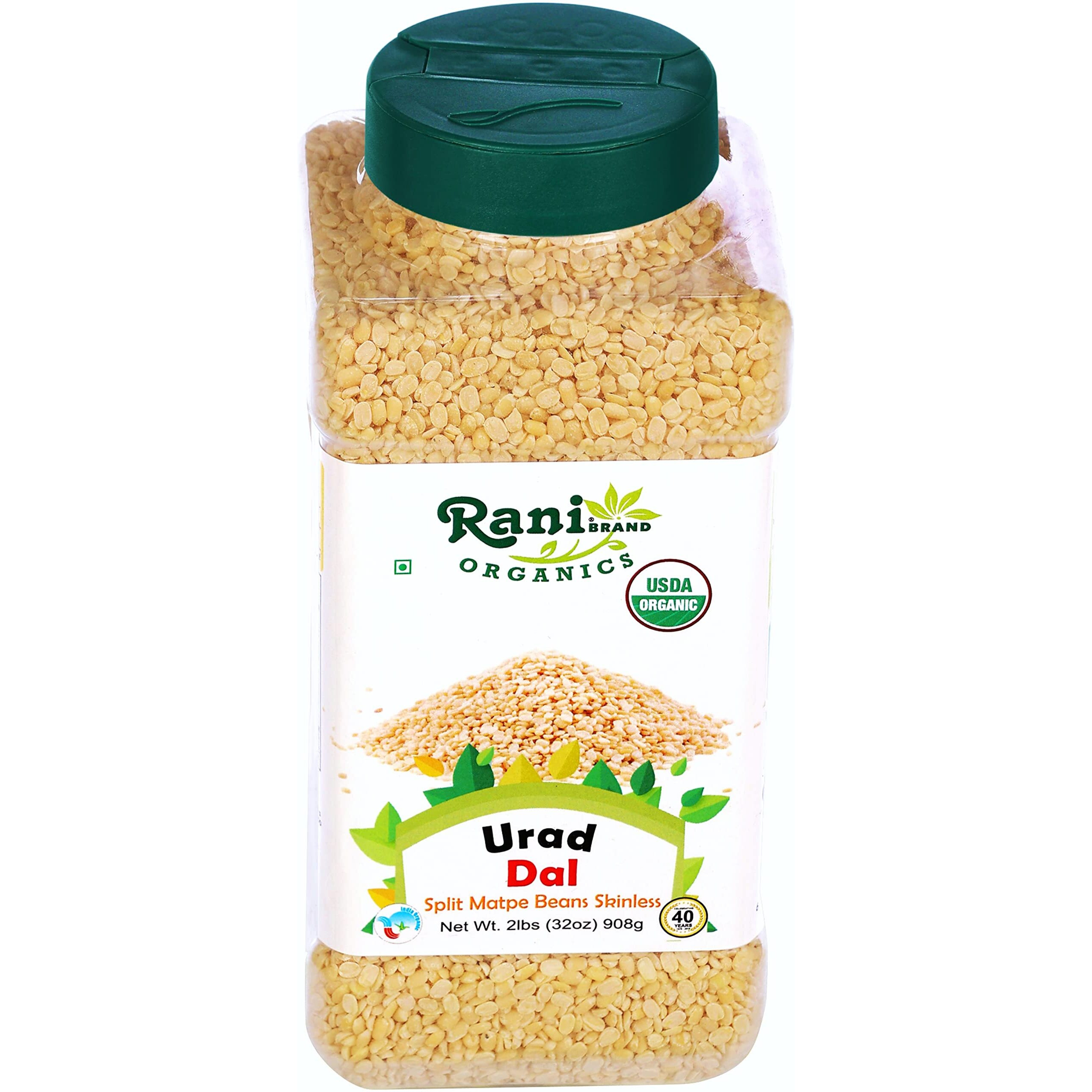 Rani Organic Urid/Urad Dal (Split Matpe Beans Skinless) Indian Lentils 32oz (2lbs) 908g PET Jar ~ All Natural, Vegan, Gluten Friendly, NON-GMO, Indian Origin, USDA Certified Organic