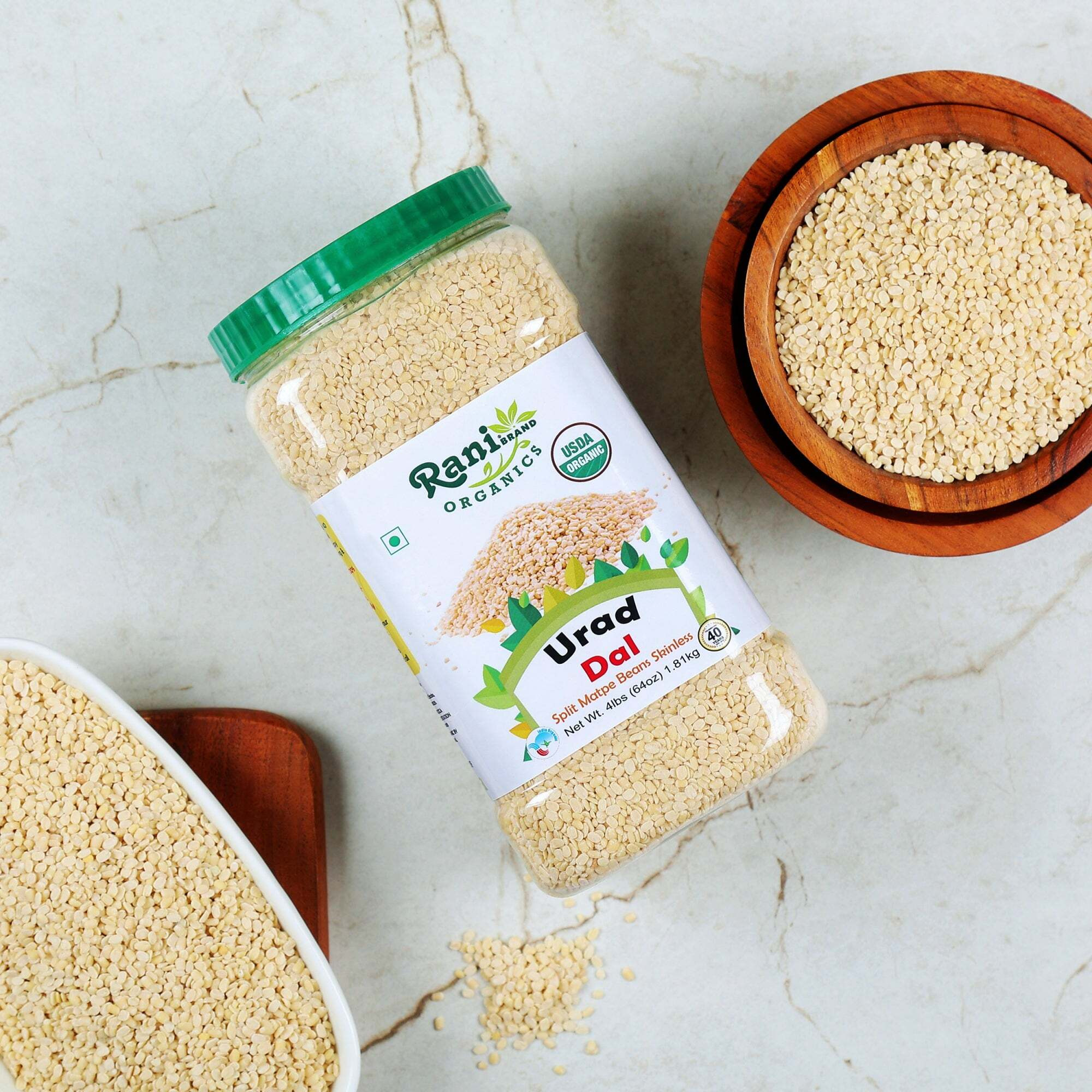 Rani Organic Urid/Urad Dal (Split Matpe Beans Skinless) Indian Lentils 64oz (4lbs) 1.81kg Bulk PET Jar ~ All Natural, Vegan, Gluten Friendly, NON-GMO, Indian Origin, USDA Certified Organic