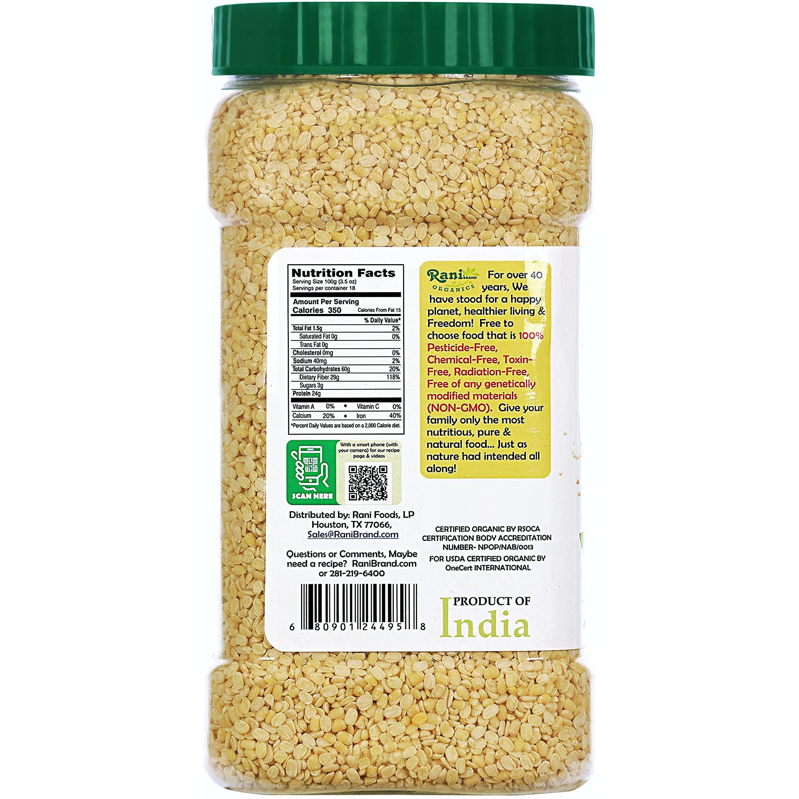 Rani Organic Urid/Urad Dal (Split Matpe Beans Skinless) Indian Lentils 64oz (4lbs) 1.81kg Bulk PET Jar ~ All Natural, Vegan, Gluten Friendly, NON-GMO, Indian Origin, USDA Certified Organic