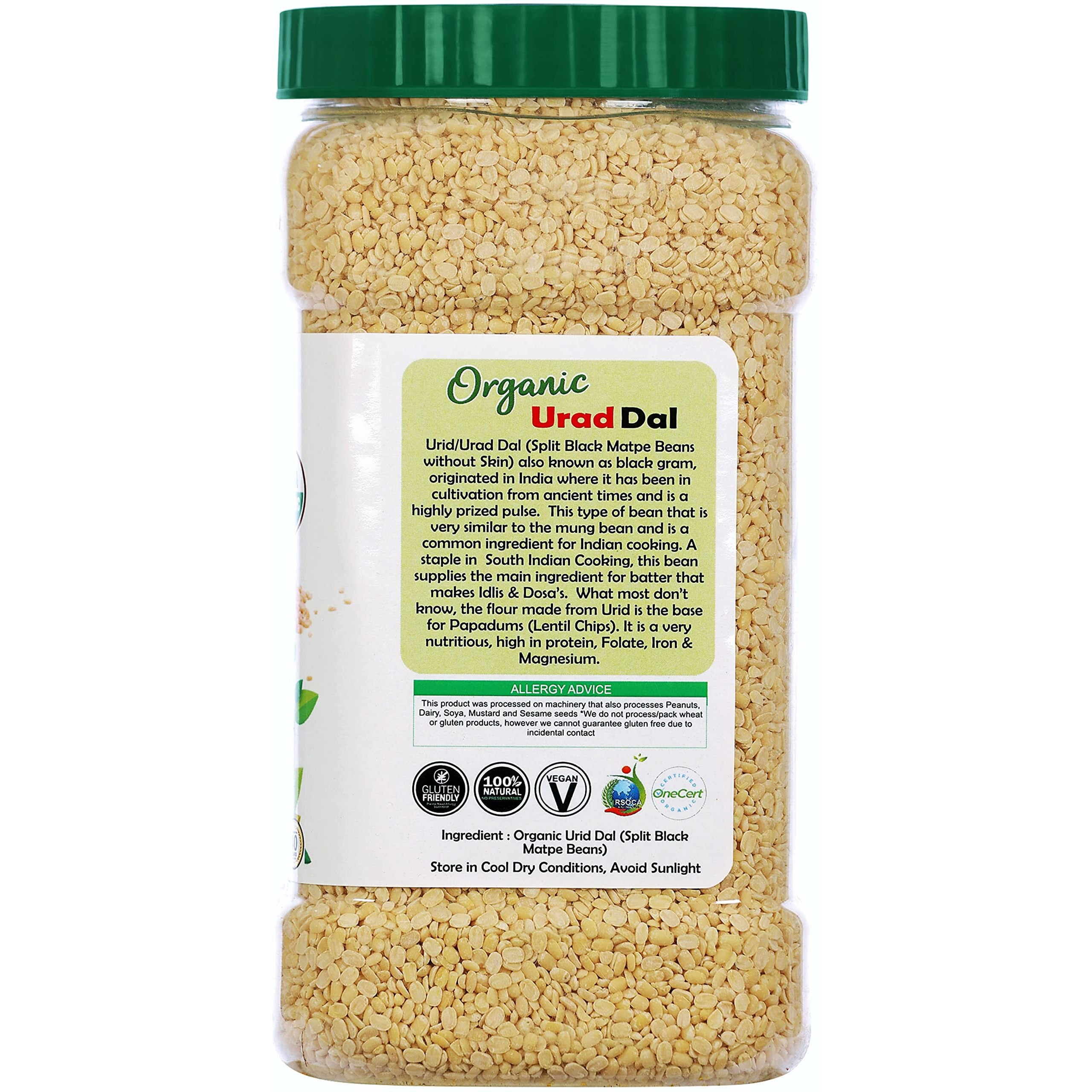 Rani Organic Urid/Urad Dal (Split Matpe Beans Skinless) Indian Lentils 64oz (4lbs) 1.81kg Bulk PET Jar ~ All Natural, Vegan, Gluten Friendly, NON-GMO, Indian Origin, USDA Certified Organic