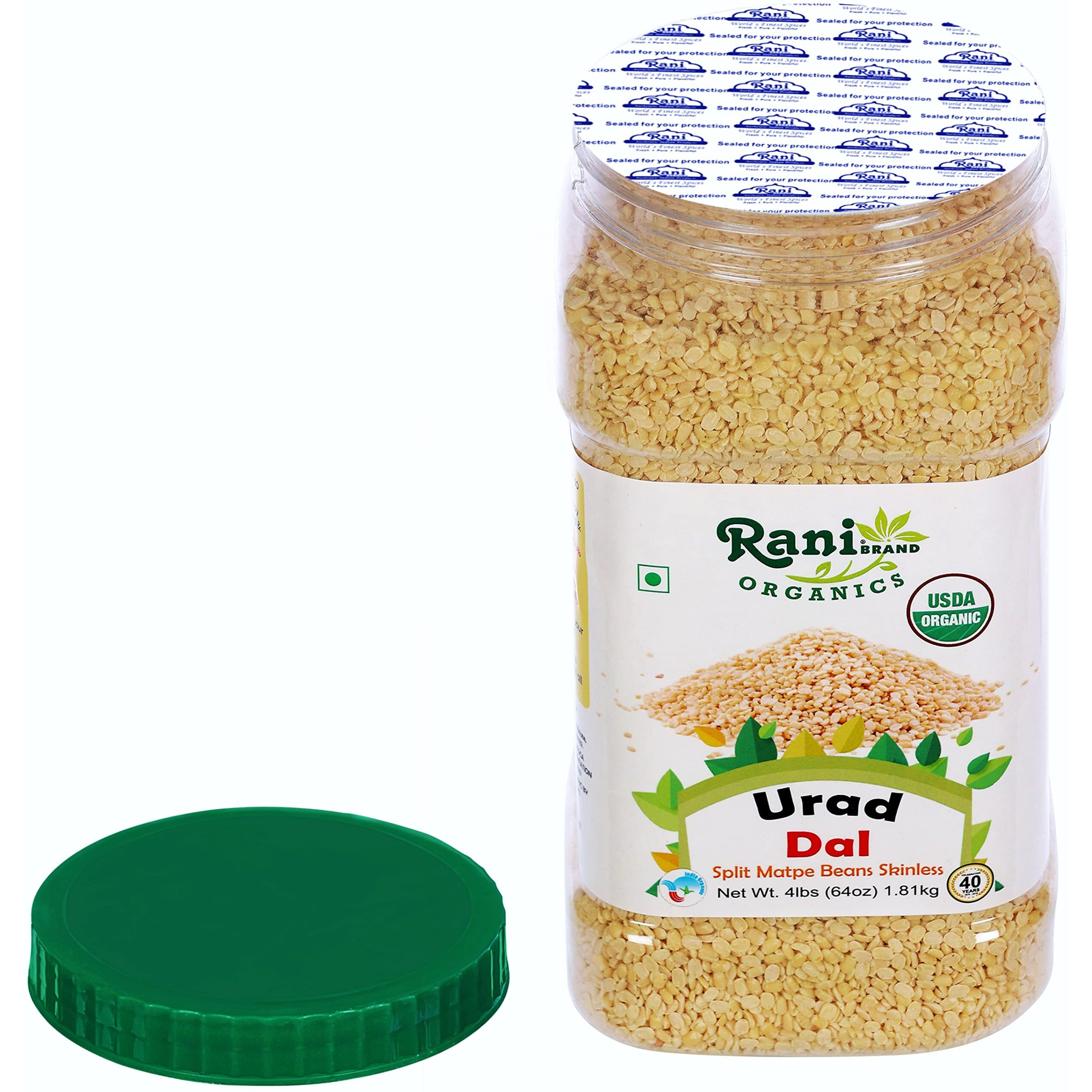 Rani Organic Urid/Urad Dal (Split Matpe Beans Skinless) Indian Lentils 64oz (4lbs) 1.81kg Bulk PET Jar ~ All Natural, Vegan, Gluten Friendly, NON-GMO, Indian Origin, USDA Certified Organic