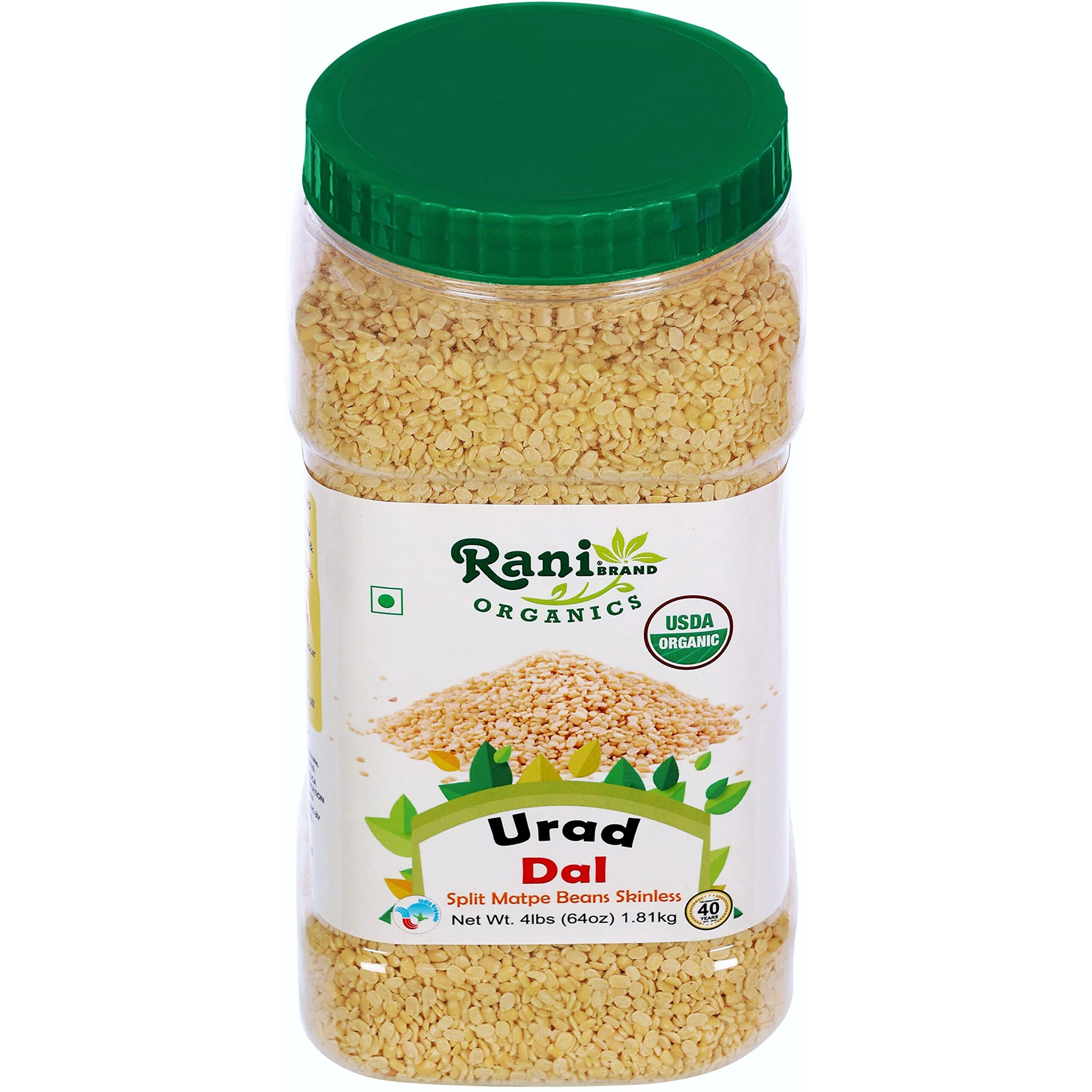 Rani Organic Urid/Urad Dal (Split Matpe Beans Skinless) Indian Lentils 64oz (4lbs) 1.81kg Bulk PET Jar ~ All Natural, Vegan, Gluten Friendly, NON-GMO, Indian Origin, USDA Certified Organic