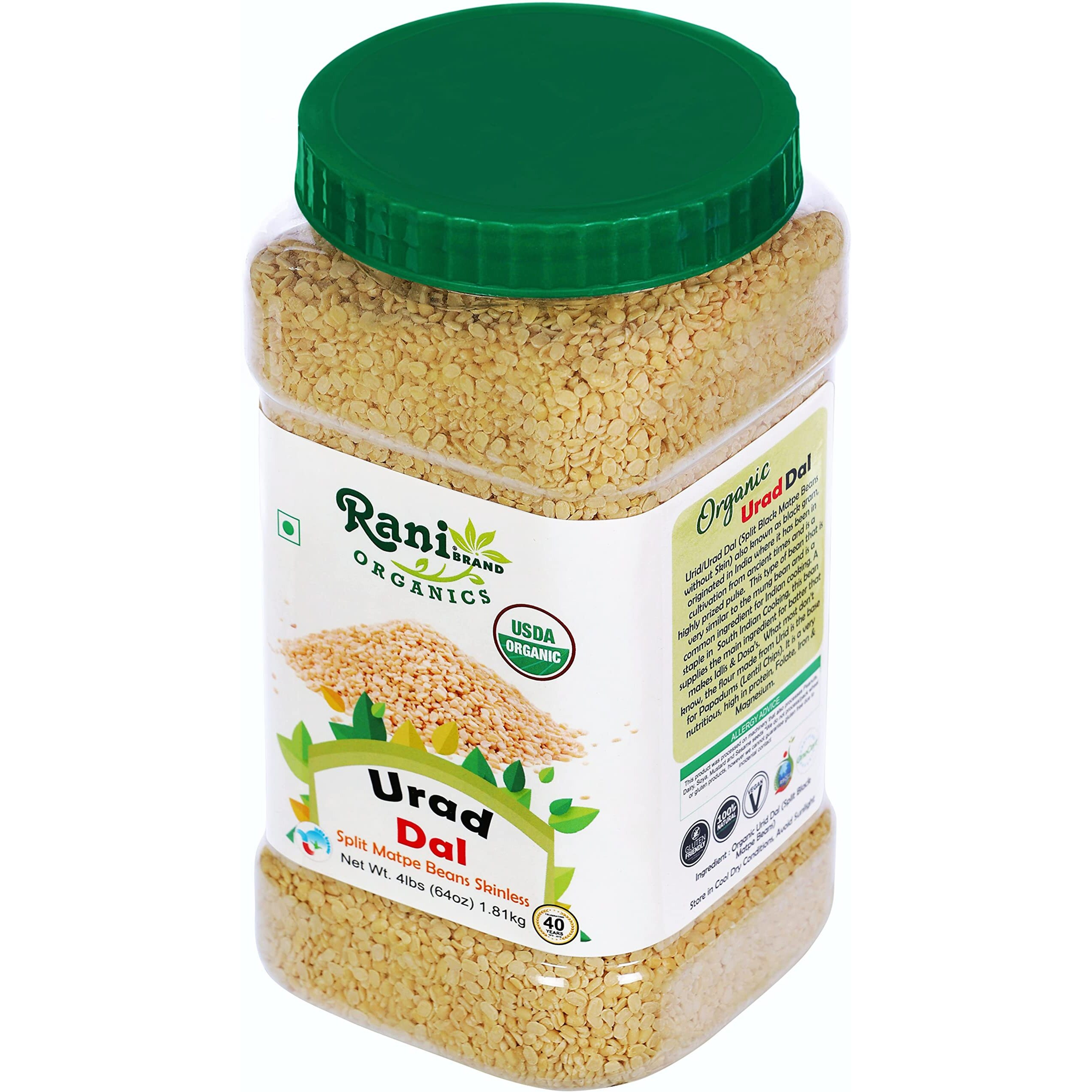 Rani Organic Urid/Urad Dal (Split Matpe Beans Skinless) Indian Lentils 64oz (4lbs) 1.81kg Bulk PET Jar ~ All Natural, Vegan, Gluten Friendly, NON-GMO, Indian Origin, USDA Certified Organic