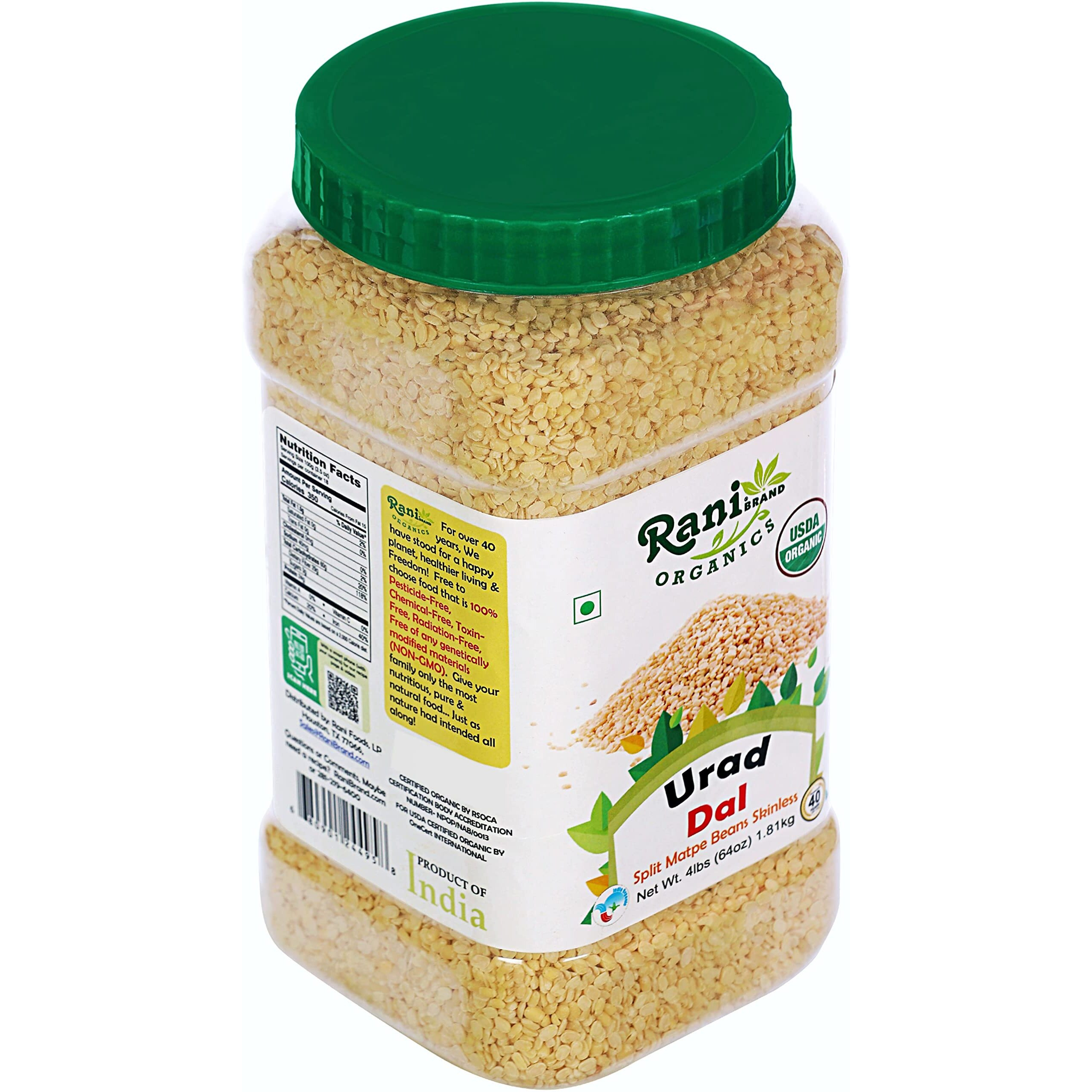 Rani Organic Urid/Urad Dal (Split Matpe Beans Skinless) Indian Lentils 64oz (4lbs) 1.81kg Bulk PET Jar ~ All Natural, Vegan, Gluten Friendly, NON-GMO, Indian Origin, USDA Certified Organic