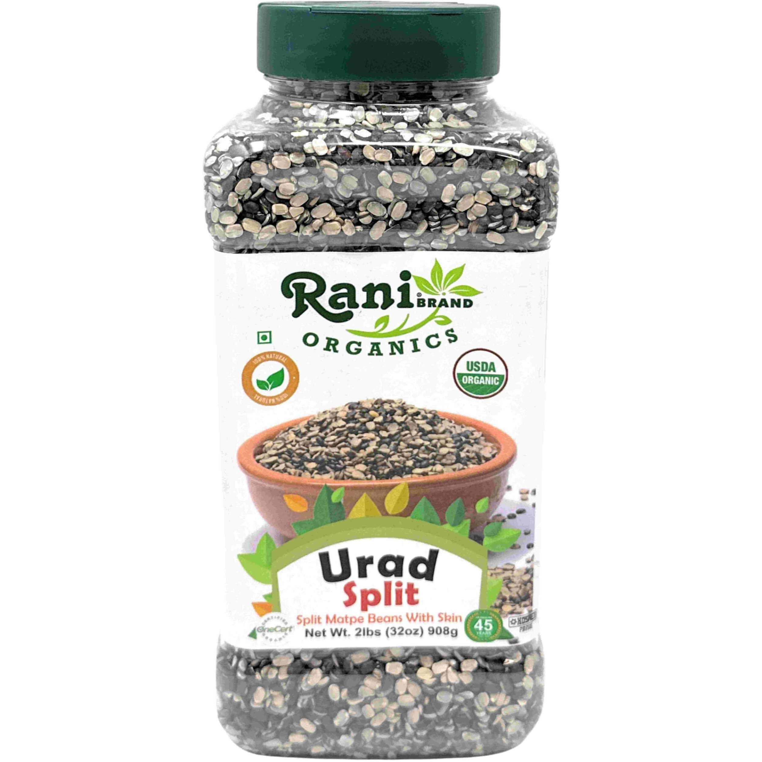 Rani Organic Urid/Urad Split Chilka (Split Matpe Beans with Skin) 32oz (2lbs) 908g PET Jar ~ All Natural, Gluten Friendly, Non-GMO, Kosher, Vegan, Indian Origin, USDA Certified Organic