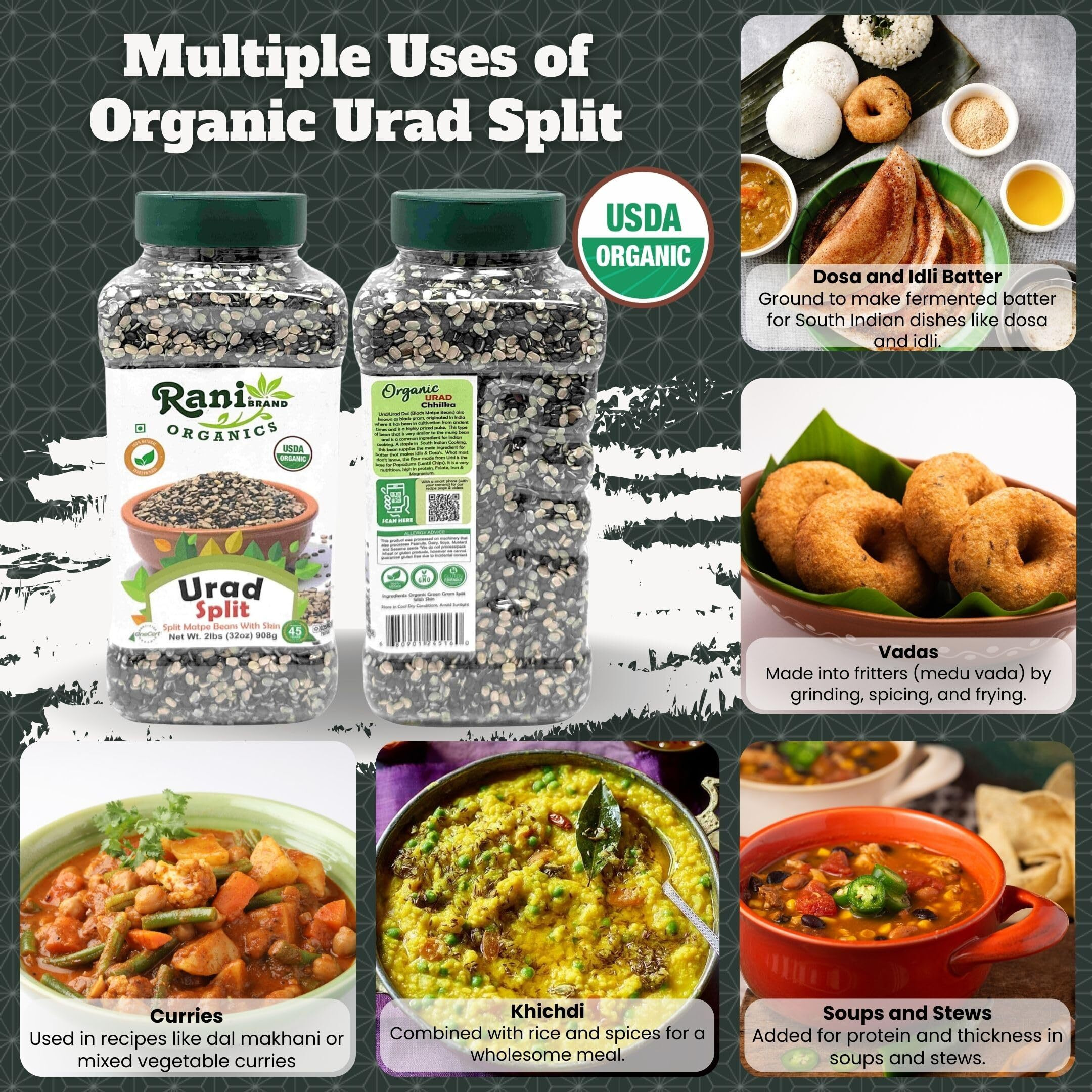 Rani Organic Urid/Urad Split Chilka (Split Matpe Beans with Skin) 32oz (2lbs) 908g PET Jar ~ All Natural, Gluten Friendly, Non-GMO, Kosher, Vegan, Indian Origin, USDA Certified Organic