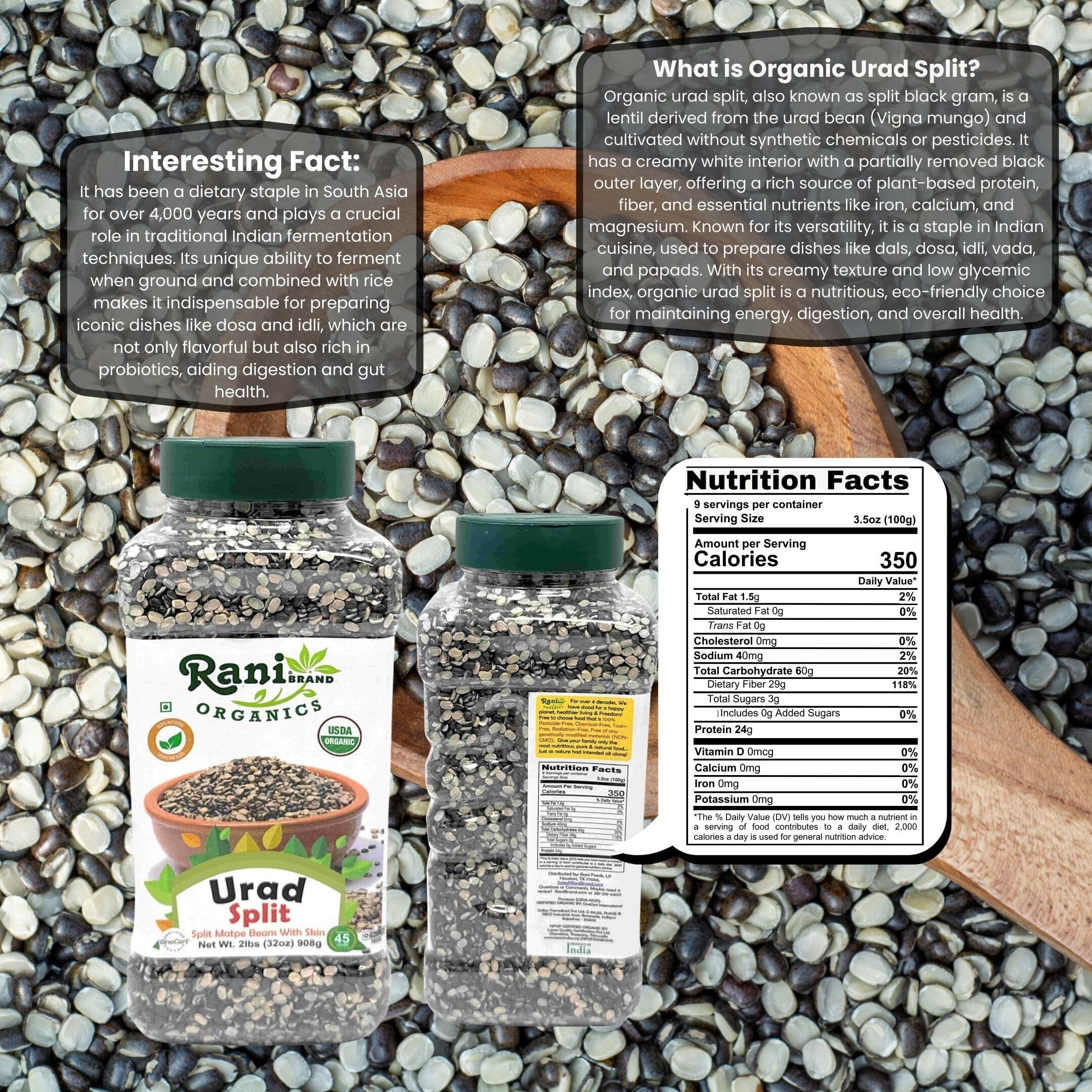 Rani Organic Urid/Urad Split Chilka (Split Matpe Beans with Skin) 32oz (2lbs) 908g PET Jar ~ All Natural, Gluten Friendly, Non-GMO, Kosher, Vegan, Indian Origin, USDA Certified Organic
