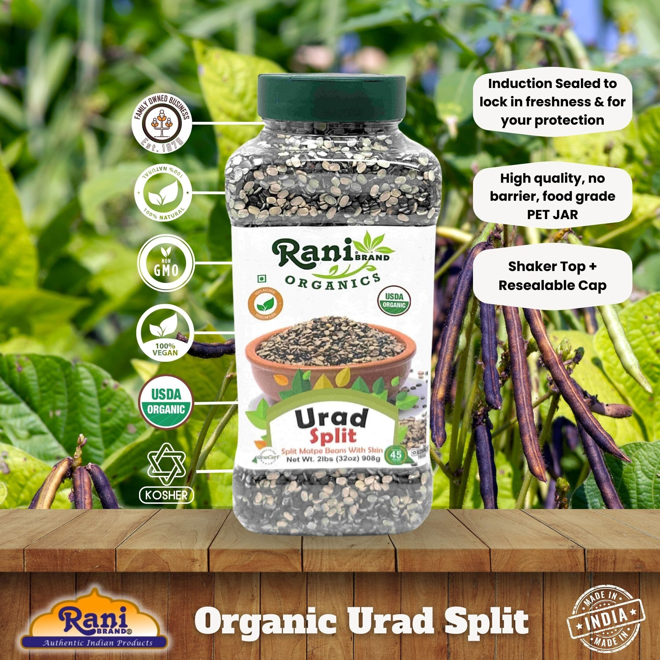 Rani Organic Urid/Urad Split Chilka (Split Matpe Beans with Skin) 32oz (2lbs) 908g PET Jar ~ All Natural, Gluten Friendly, Non-GMO, Kosher, Vegan, Indian Origin, USDA Certified Organic
