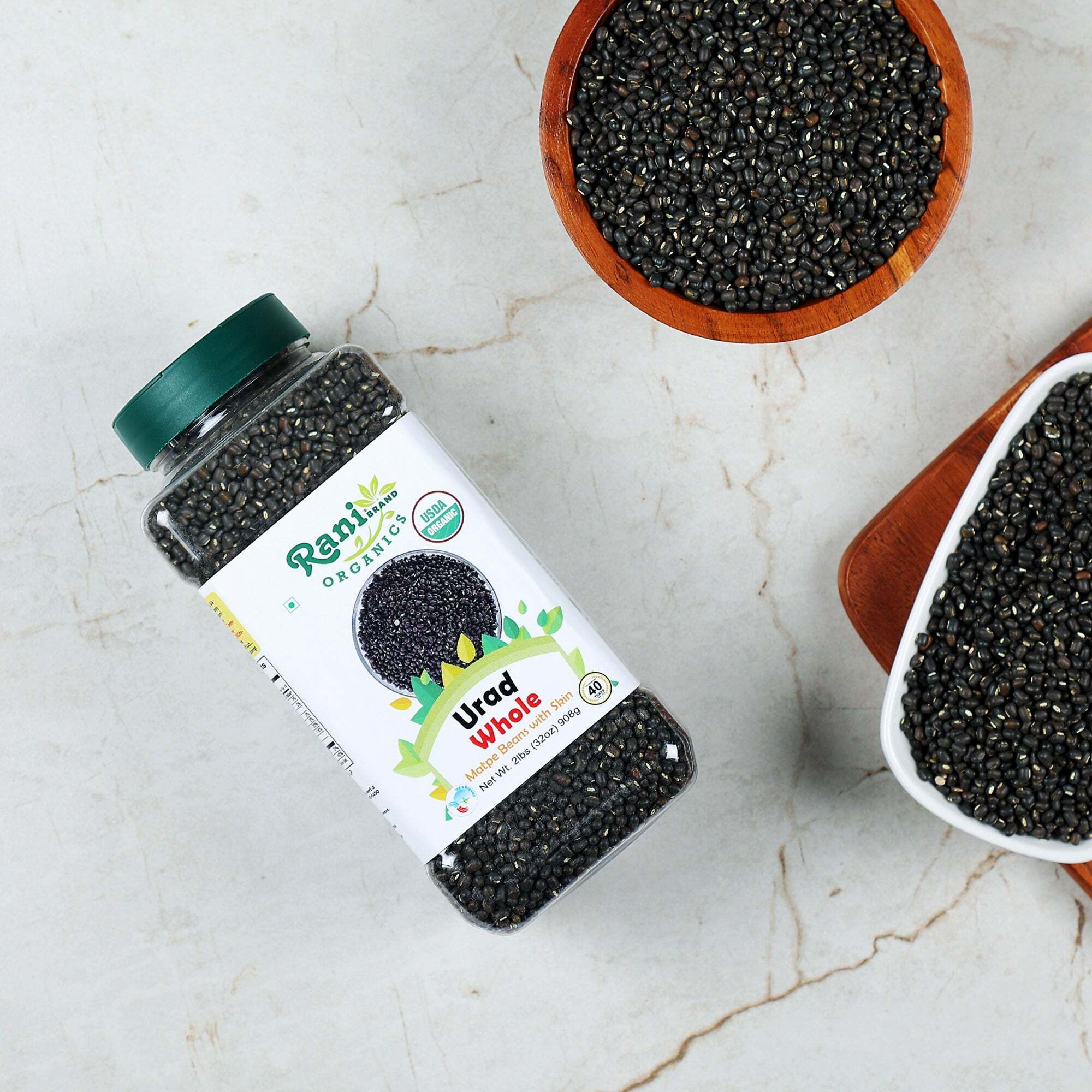 Rani Organic Urid/Urad Whole Black (Matpe Beans With Skin) Indian Lentils 32oz (2lbs) 908g PET Jar ~ All Natural, Vegan, Gluten Friendly, NON-GMO, Indian Origin, USDA Certified Organic