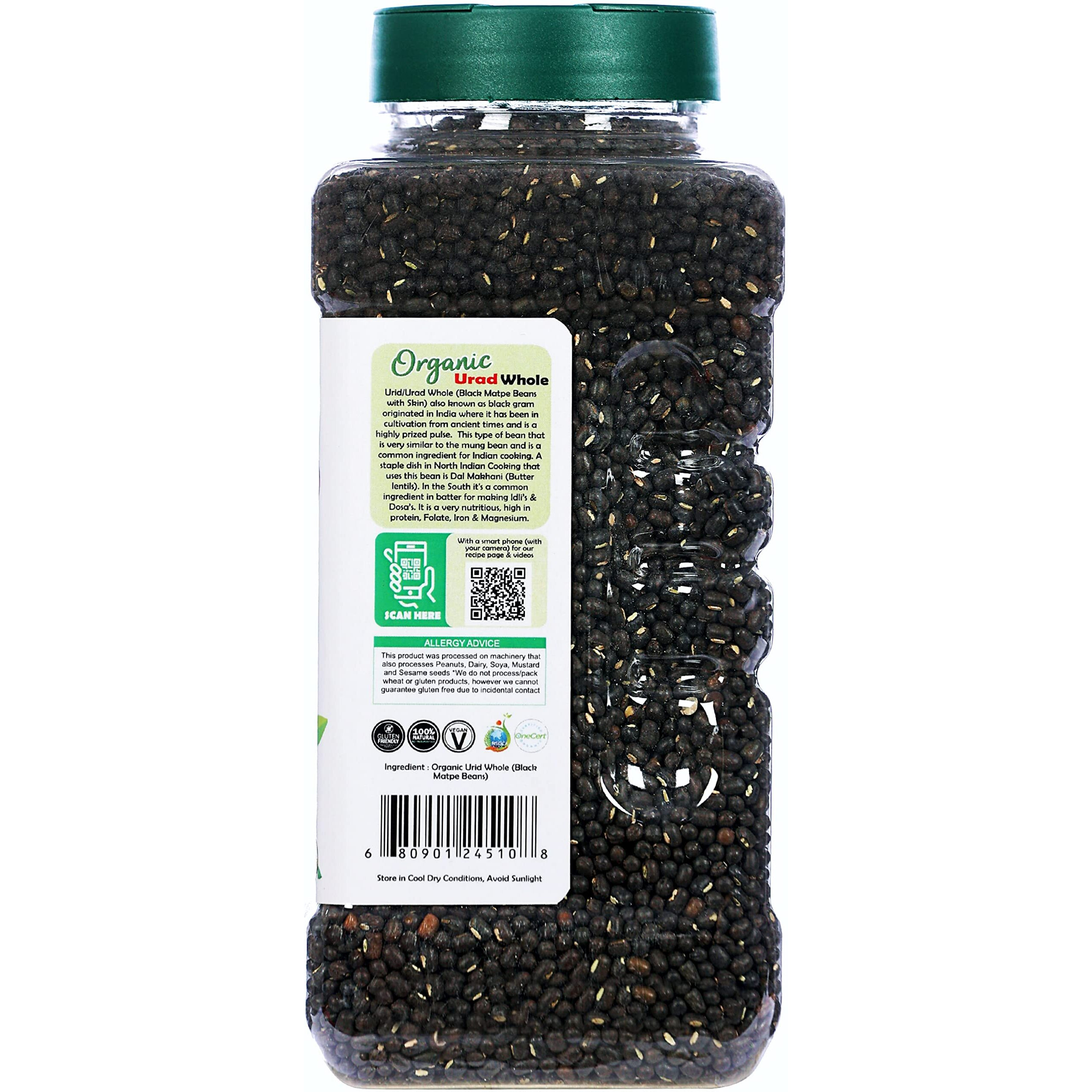 Rani Organic Urid/Urad Whole Black (Matpe Beans With Skin) Indian Lentils 32oz (2lbs) 908g PET Jar ~ All Natural, Vegan, Gluten Friendly, NON-GMO, Indian Origin, USDA Certified Organic