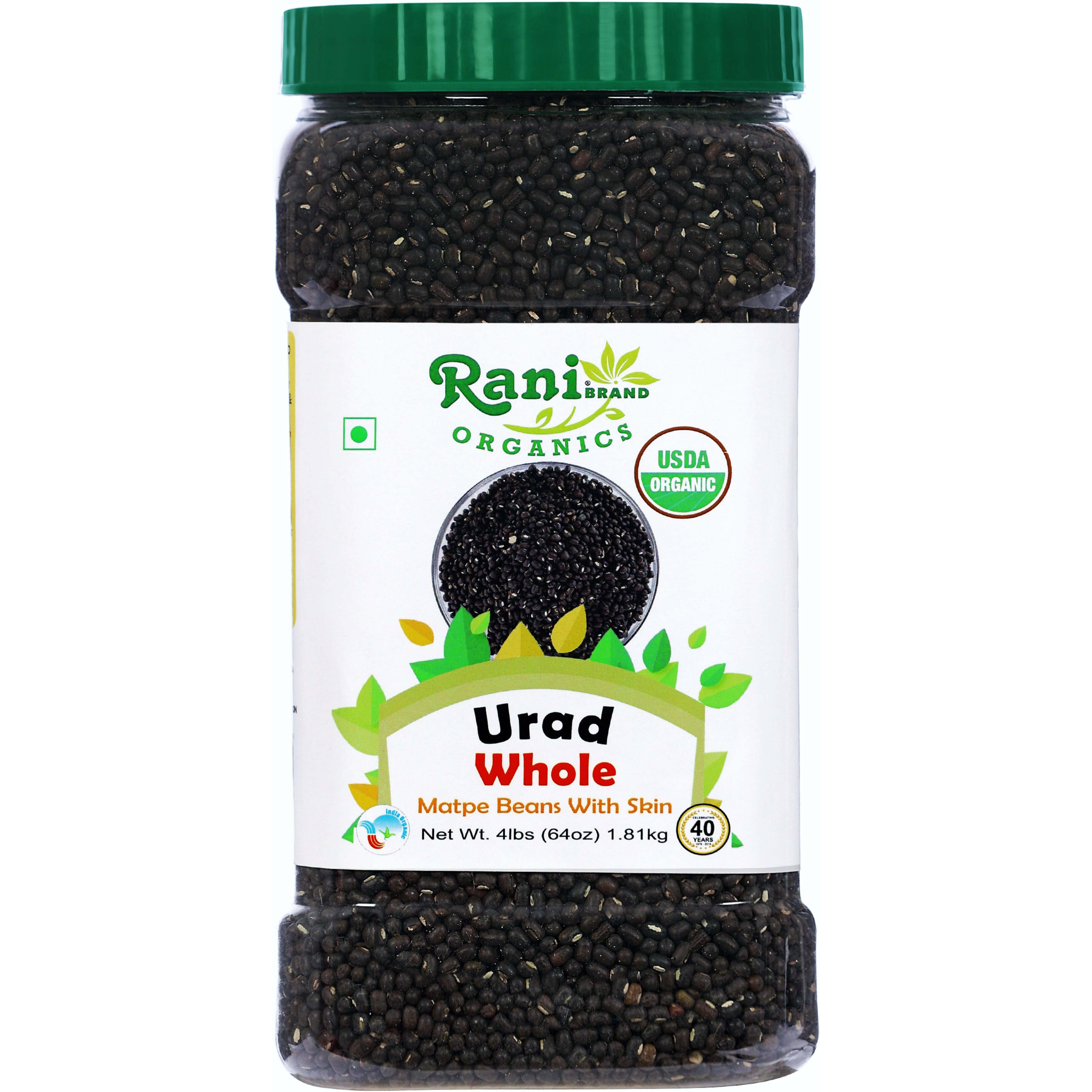 Rani Organic Urid/Urad Whole Black (Matpe Beans With Skin) Indian Lentils 64oz (4lbs) 1.81kg Bulk PET Jar ~ All Natural, Vegan, Gluten Friendly, NON-GMO, Indian Origin, USDA Certified Organic