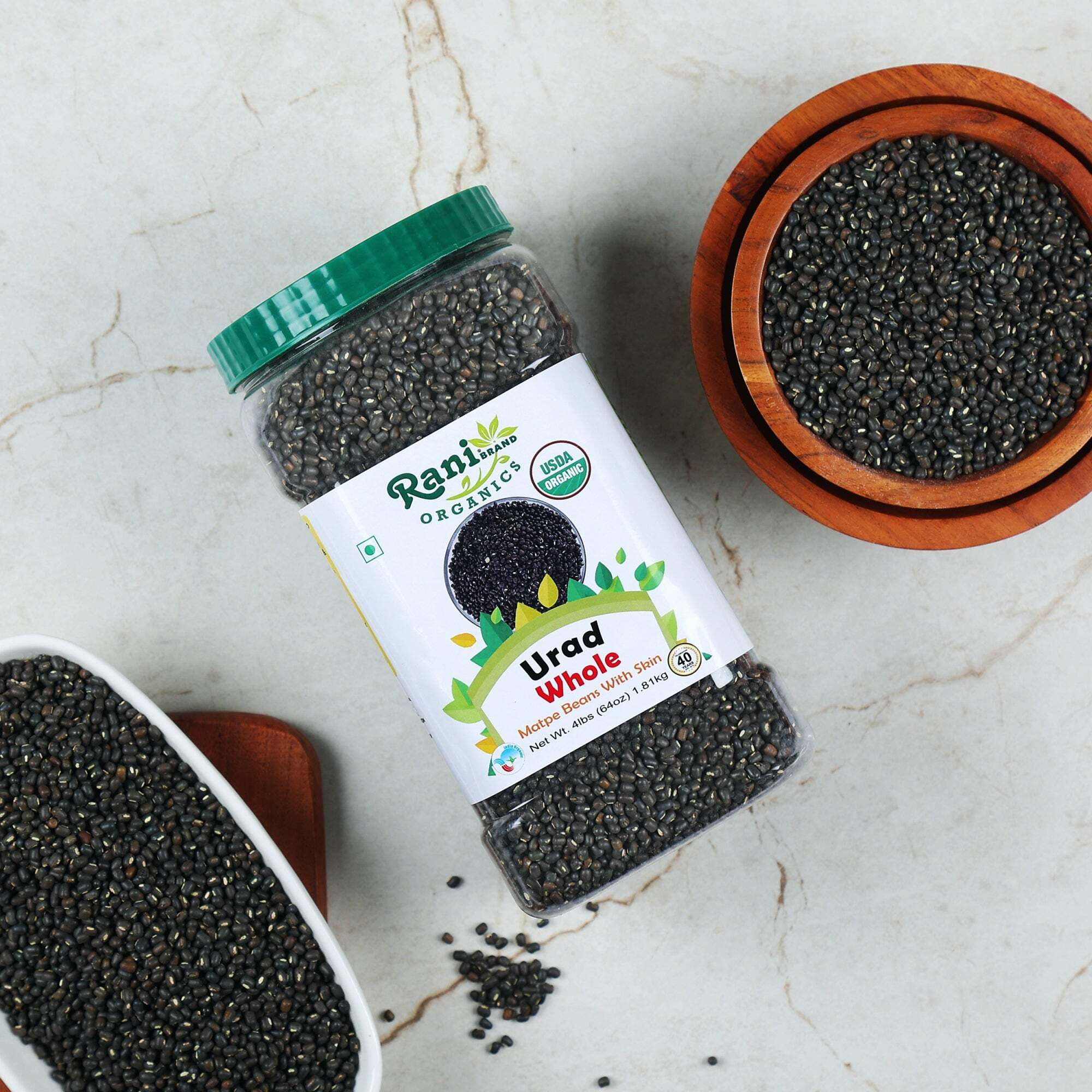 Rani Organic Urid/Urad Whole Black (Matpe Beans With Skin) Indian Lentils 64oz (4lbs) 1.81kg Bulk PET Jar ~ All Natural, Vegan, Gluten Friendly, NON-GMO, Indian Origin, USDA Certified Organic