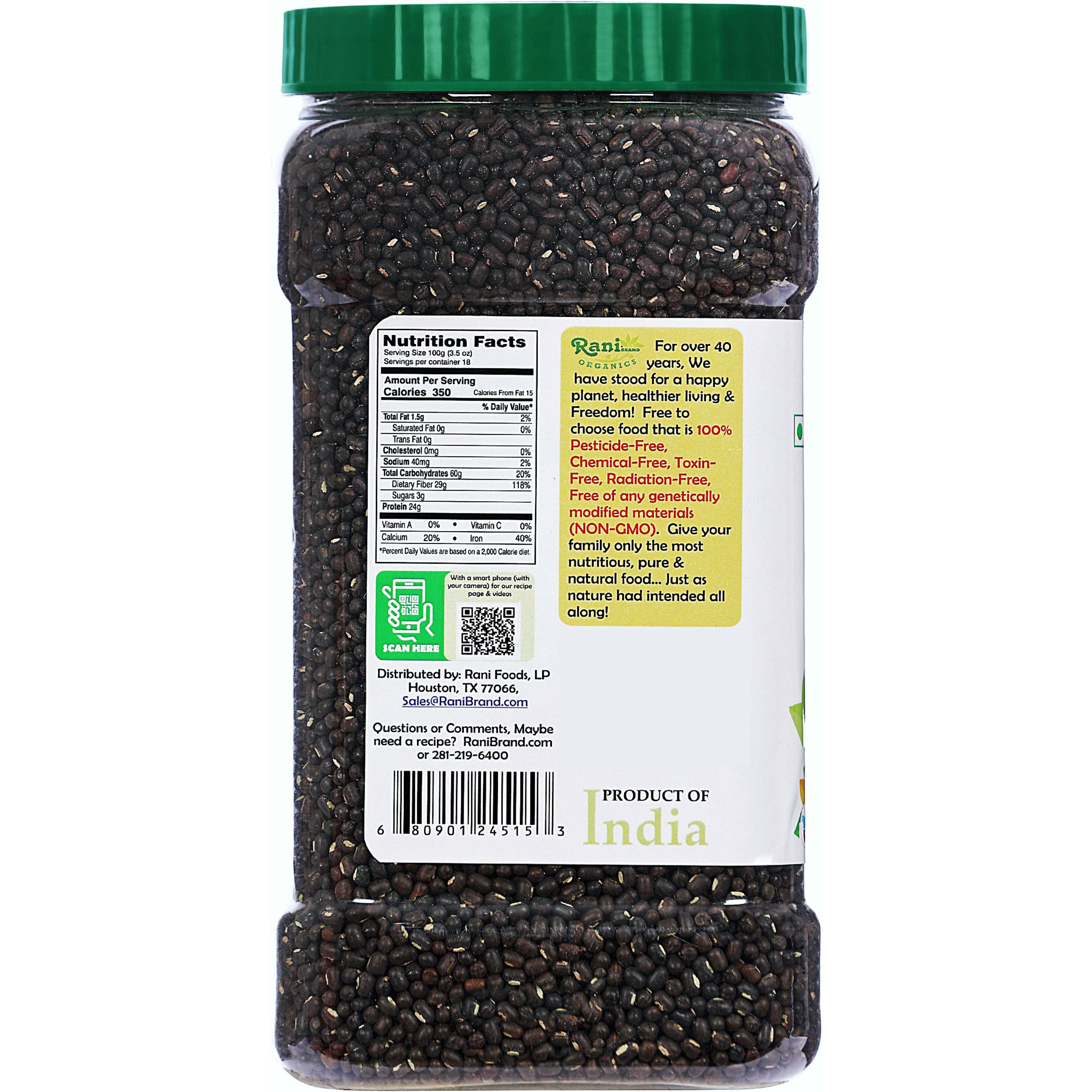 Rani Organic Urid/Urad Whole Black (Matpe Beans With Skin) Indian Lentils 64oz (4lbs) 1.81kg Bulk PET Jar ~ All Natural, Vegan, Gluten Friendly, NON-GMO, Indian Origin, USDA Certified Organic
