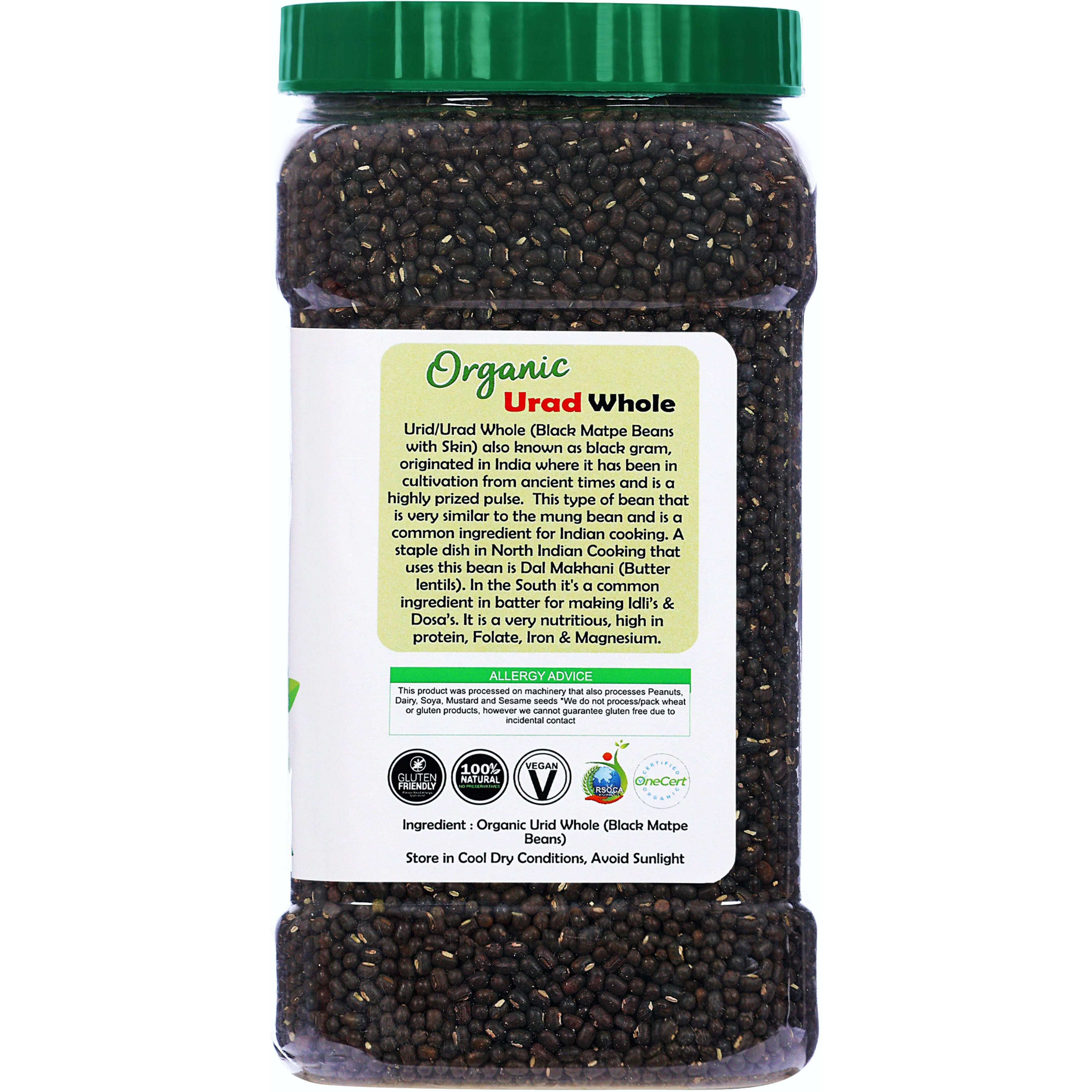 Rani Organic Urid/Urad Whole Black (Matpe Beans With Skin) Indian Lentils 64oz (4lbs) 1.81kg Bulk PET Jar ~ All Natural, Vegan, Gluten Friendly, NON-GMO, Indian Origin, USDA Certified Organic