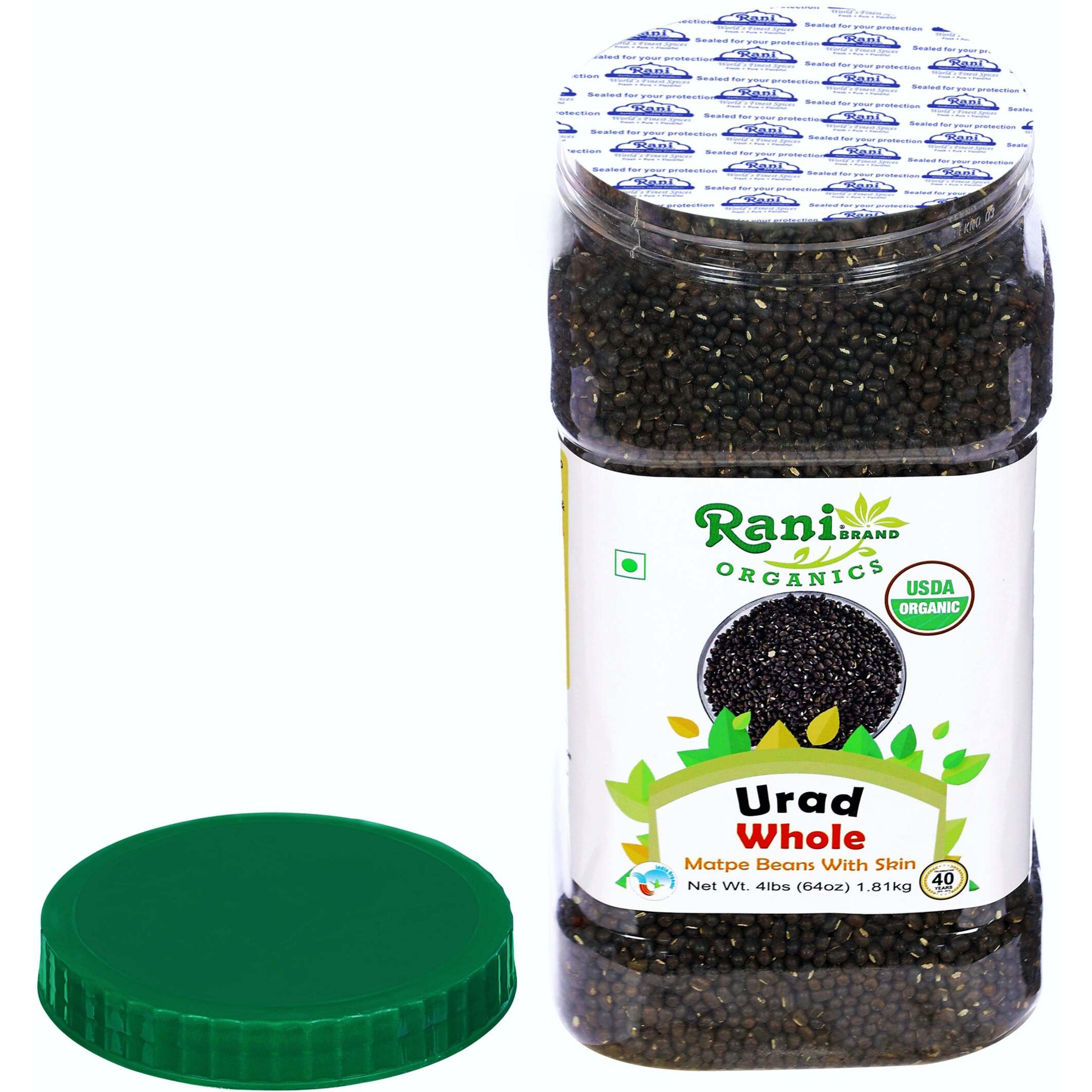Rani Organic Urid/Urad Whole Black (Matpe Beans With Skin) Indian Lentils 64oz (4lbs) 1.81kg Bulk PET Jar ~ All Natural, Vegan, Gluten Friendly, NON-GMO, Indian Origin, USDA Certified Organic