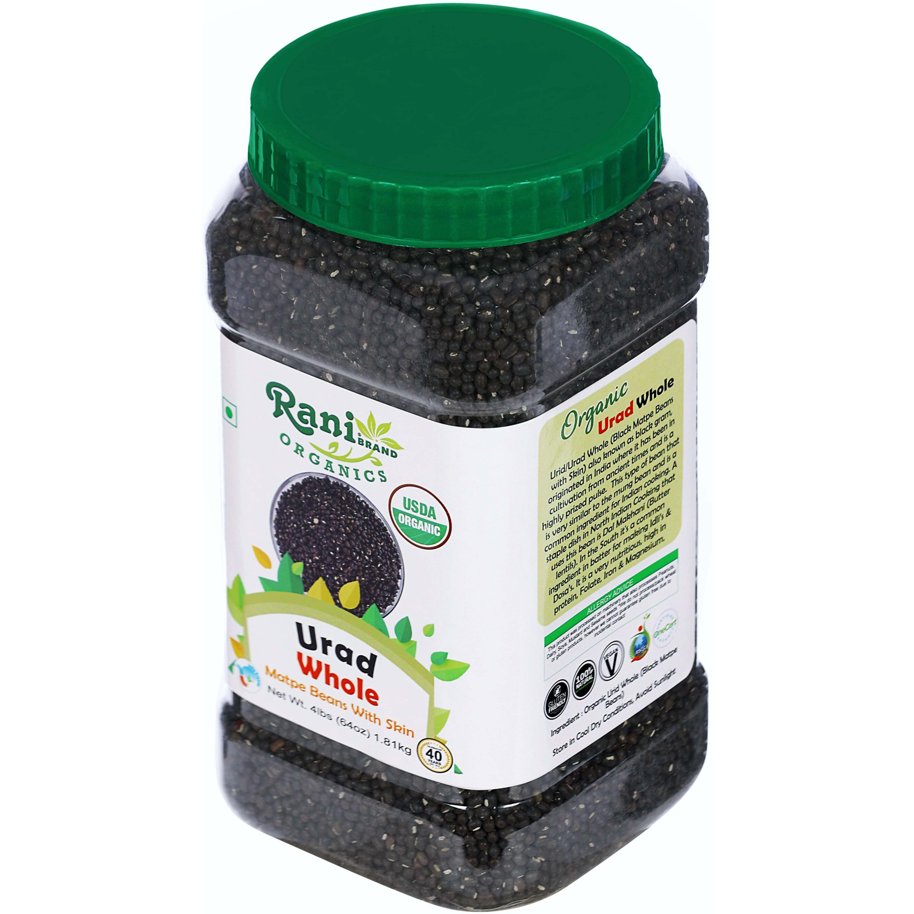 Rani Organic Urid/Urad Whole Black (Matpe Beans With Skin) Indian Lentils 64oz (4lbs) 1.81kg Bulk PET Jar ~ All Natural, Vegan, Gluten Friendly, NON-GMO, Indian Origin, USDA Certified Organic