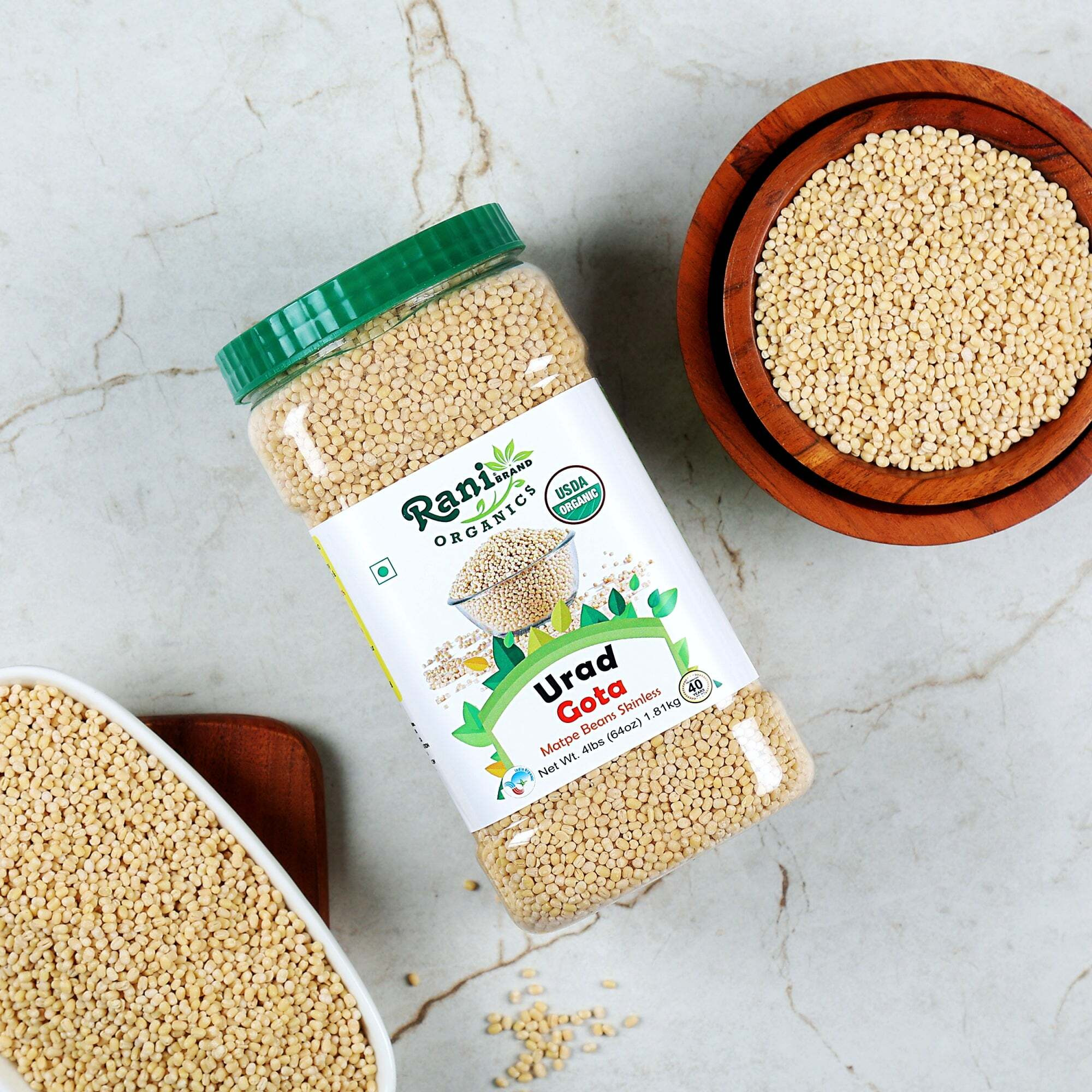 Rani Organic Urid/Urad Whole Gota (Matpe Beans Skinless) Indian Lentils 64oz (4lbs) 1.81kg Bulk PET Jar ~ All Natural, Vegan, Gluten Friendly, NON-GMO, Indian Origin, USDA Certified Organic