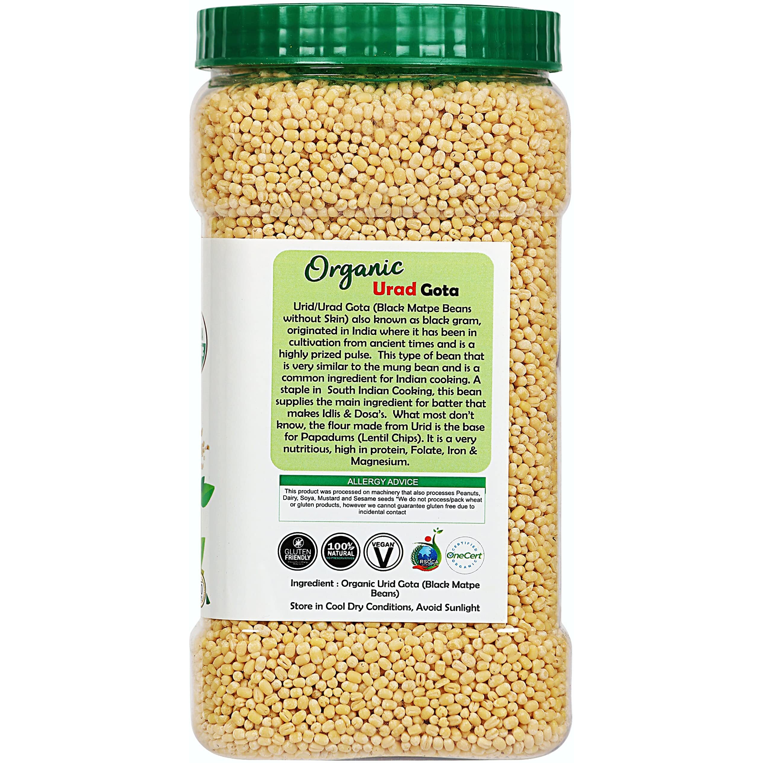 Rani Organic Urid/Urad Whole Gota (Matpe Beans Skinless) Indian Lentils 64oz (4lbs) 1.81kg Bulk PET Jar ~ All Natural, Vegan, Gluten Friendly, NON-GMO, Indian Origin, USDA Certified Organic
