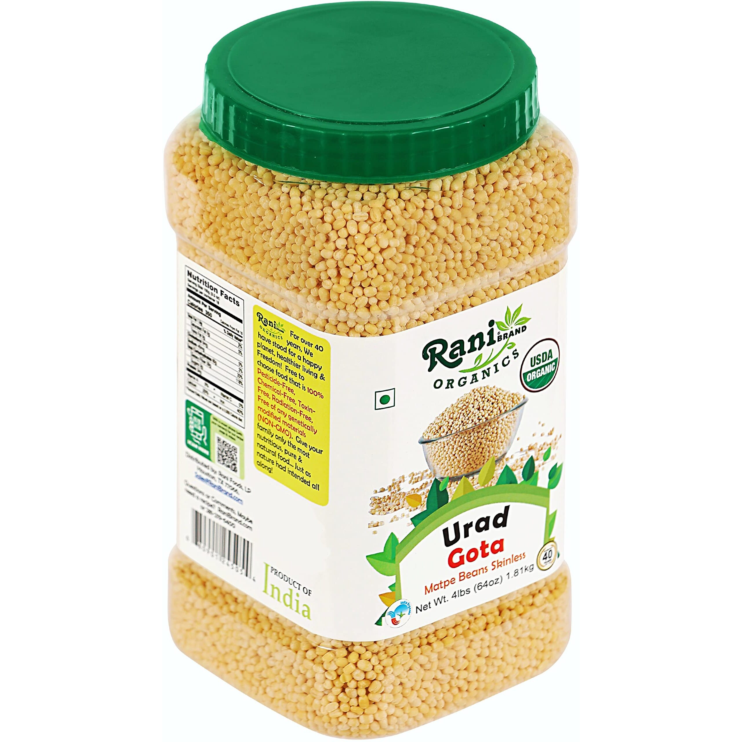 Rani Organic Urid/Urad Whole Gota (Matpe Beans Skinless) Indian Lentils 64oz (4lbs) 1.81kg Bulk PET Jar ~ All Natural, Vegan, Gluten Friendly, NON-GMO, Indian Origin, USDA Certified Organic