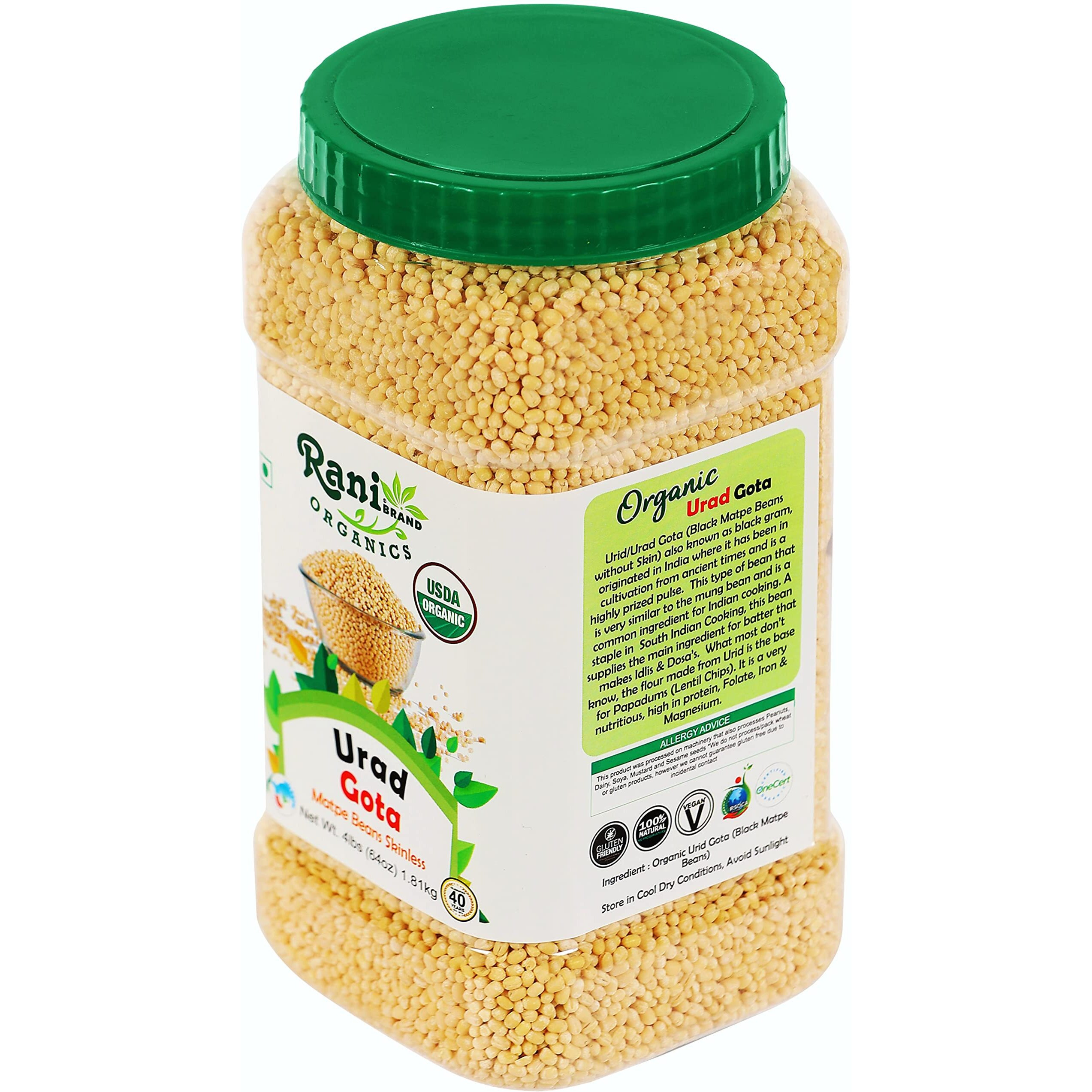 Rani Organic Urid/Urad Whole Gota (Matpe Beans Skinless) Indian Lentils 64oz (4lbs) 1.81kg Bulk PET Jar ~ All Natural, Vegan, Gluten Friendly, NON-GMO, Indian Origin, USDA Certified Organic