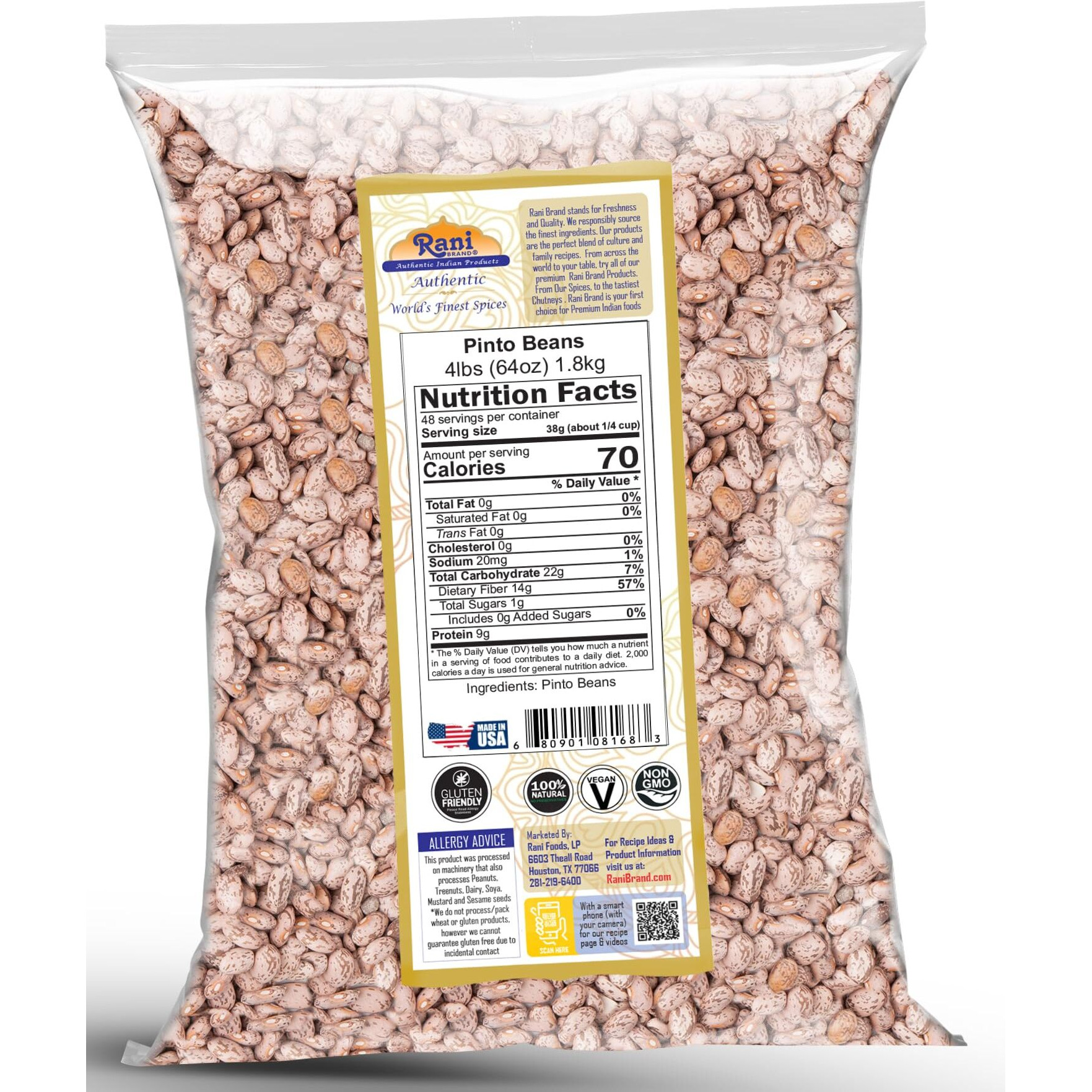 Rani Pinto Beans 64oz (4lbs) 1.81kg Bulk ~ All Natural, Vegan, Gluten Friendly, NON-GMO, Kosher, Product of USA