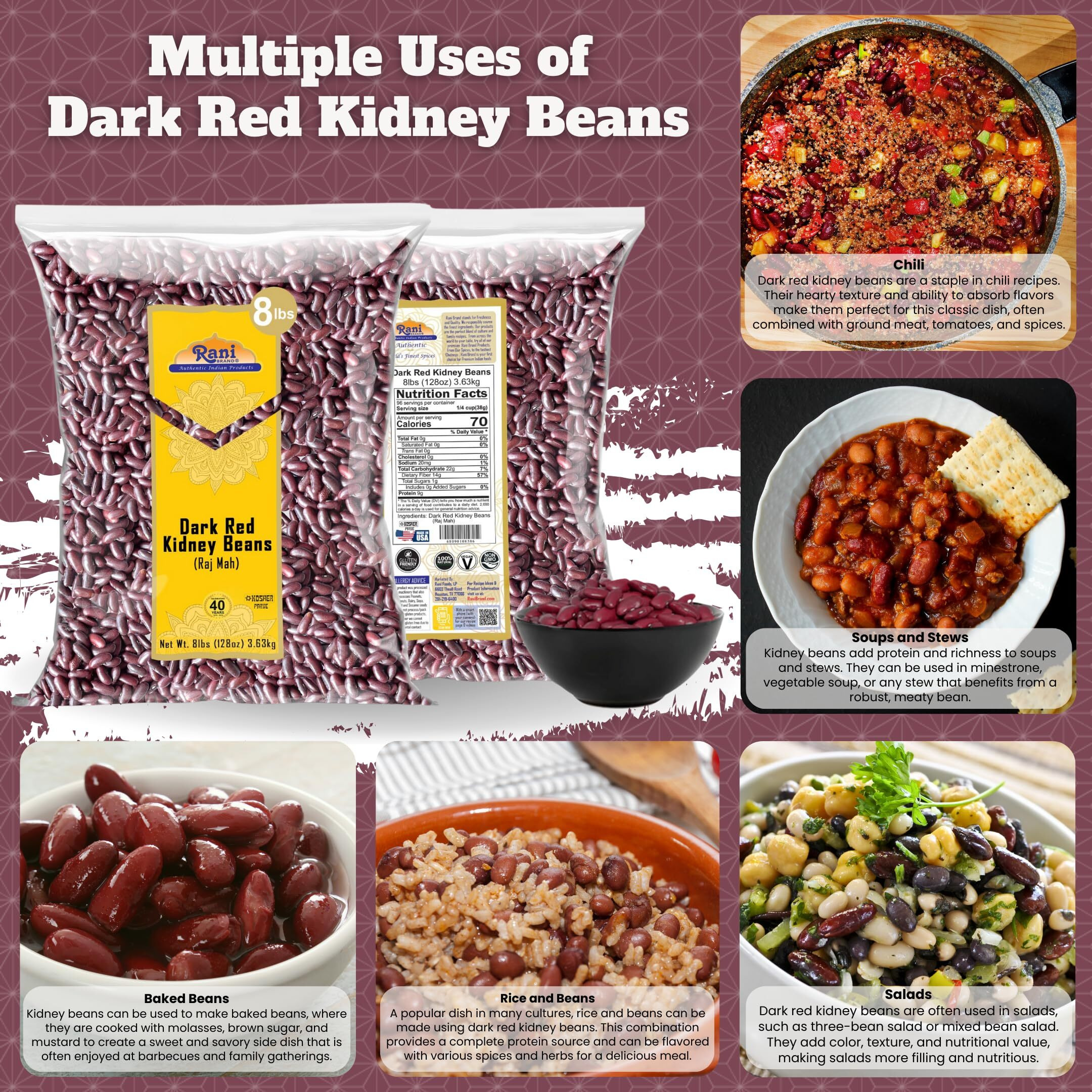 Rani Red Kidney Beans, Dark 128oz (8lbs) 3.63kg Bulk ~ All Natural, Vegan, Gluten Friendly, NON-GMO, Kosher, Raj Mah