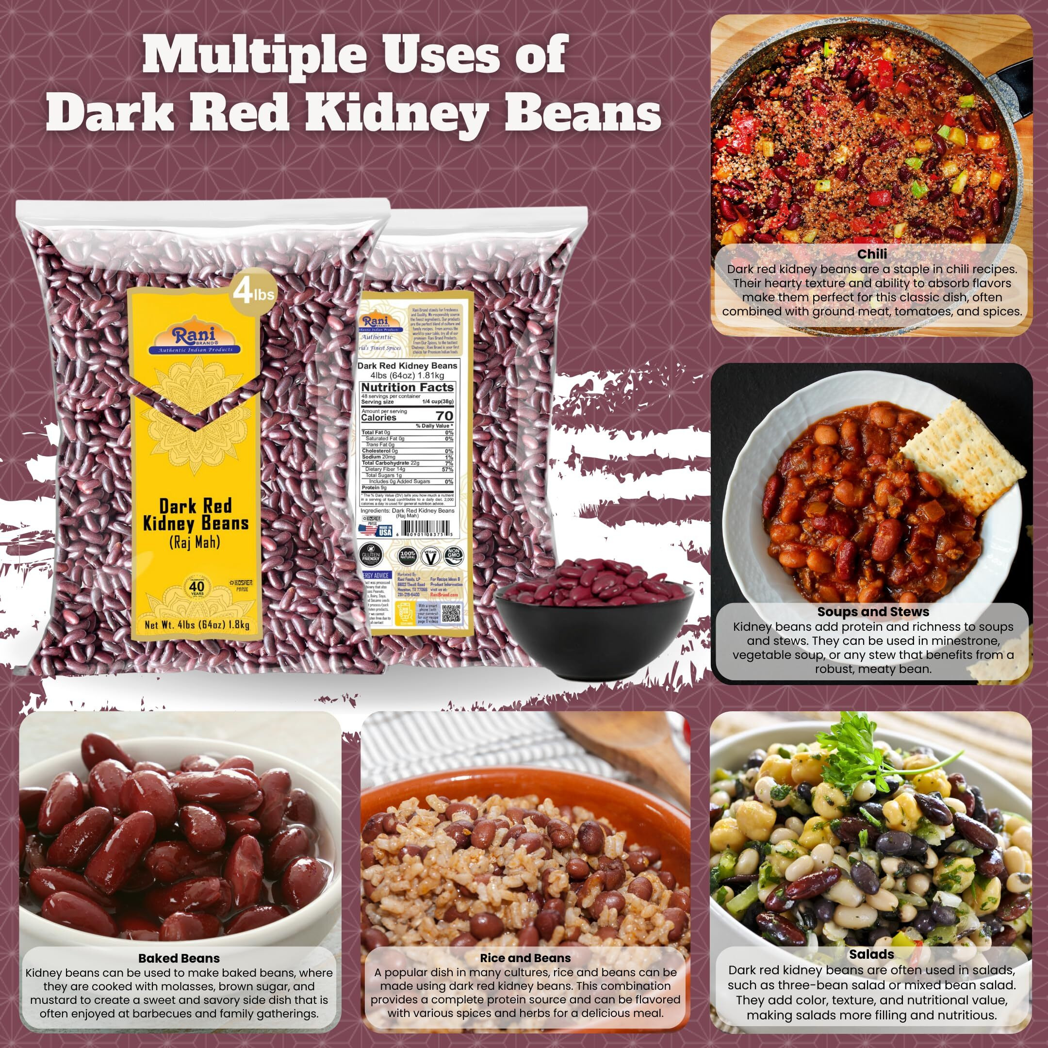 Rani Red Kidney Beans, Dark 64oz (4lbs) 1.81kg Bulk ~ All Natural, Vegan, Gluten Friendly, NON-GMO, Kosher, Raj Mah