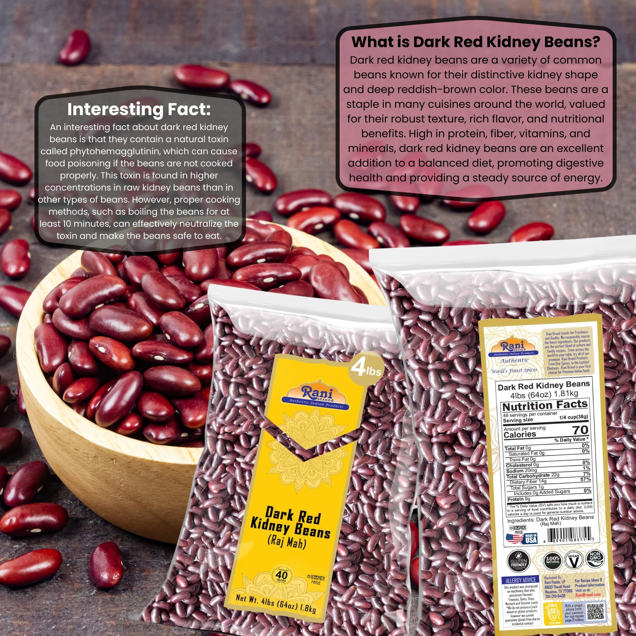 Rani Red Kidney Beans, Dark 64oz (4lbs) 1.81kg Bulk ~ All Natural, Vegan, Gluten Friendly, NON-GMO, Kosher, Raj Mah