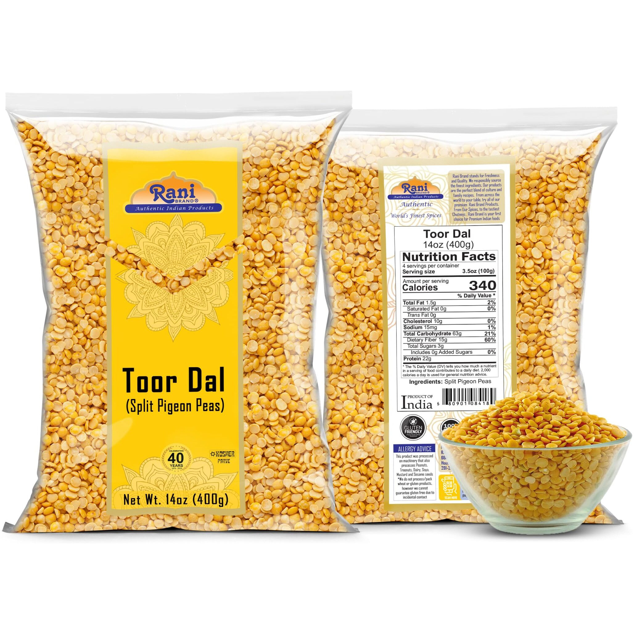 Rani Toor Dal (Split Pigeon Peas) 14oz (400g) ~ All Natural, Gluten Friendly, NON-GMO, Kosher, Vegan, Indian Origin (Size 14oz (400g))