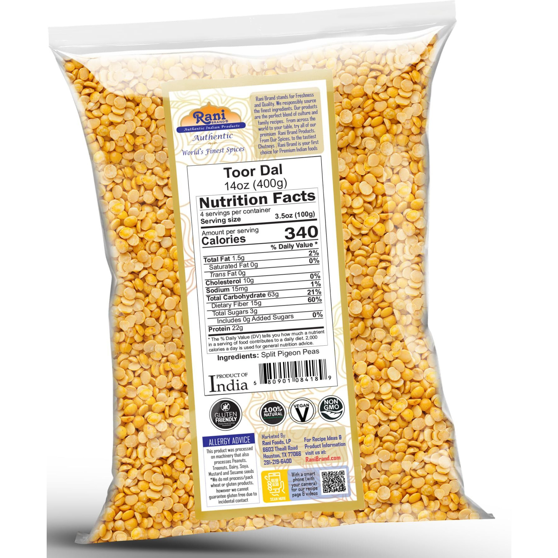 Rani Toor Dal (Split Pigeon Peas) 14oz (400g) ~ All Natural, Gluten Friendly, NON-GMO, Kosher, Vegan, Indian Origin (Size 14oz (400g))