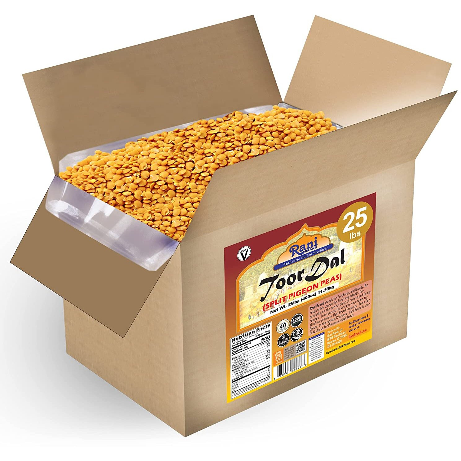 Rani Toor Dal (Split Pigeon Peas) 400oz (25lbs) 11.36kg Bulk Box ~ All Natural, Gluten Friendly, NON-GMO, Vegan, Indian Origin (Size 400oz (25lbs) 11.36kg)