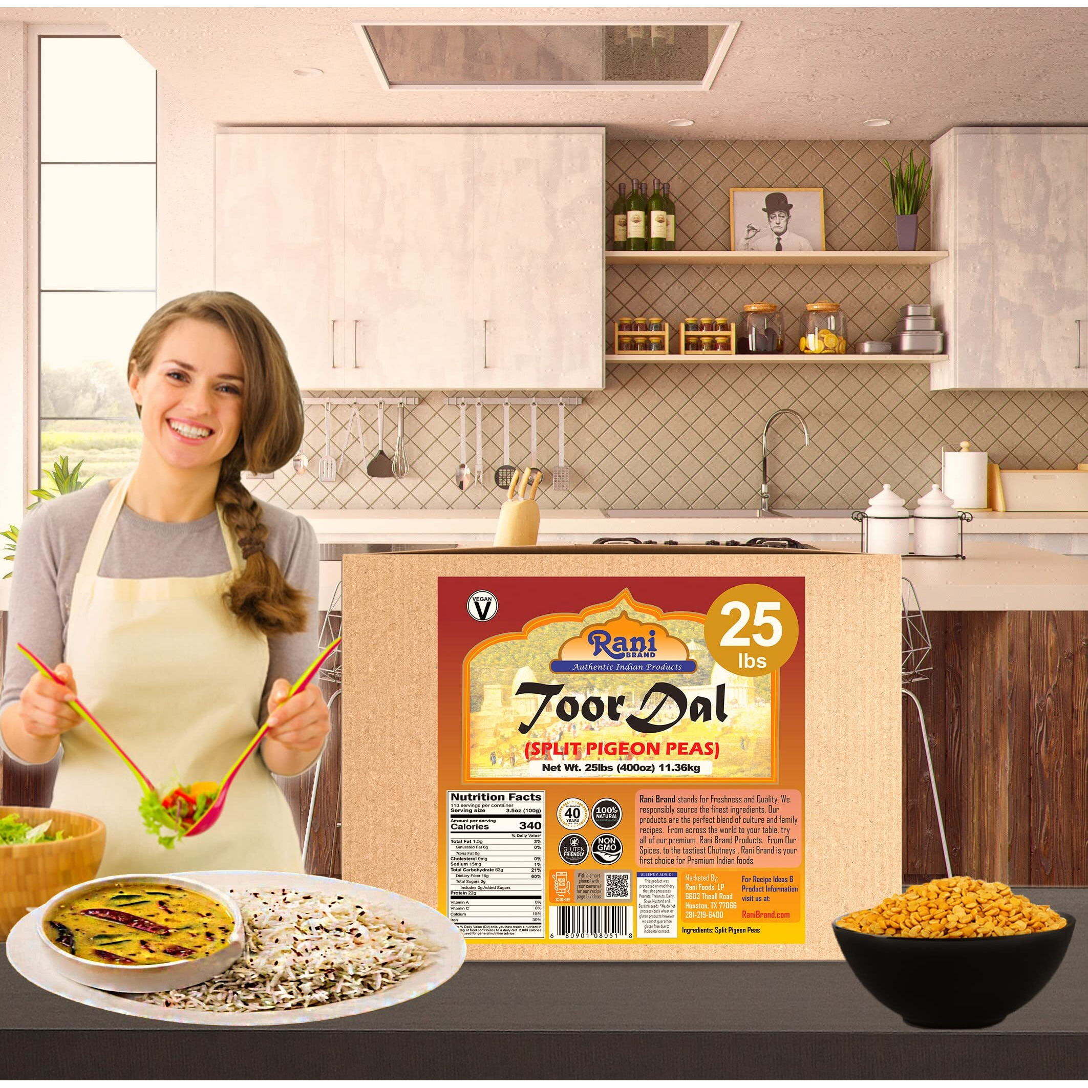 Rani Toor Dal (Split Pigeon Peas) 400oz (25lbs) 11.36kg Bulk Box ~ All Natural, Gluten Friendly, NON-GMO, Vegan, Indian Origin (Size 400oz (25lbs) 11.36kg)