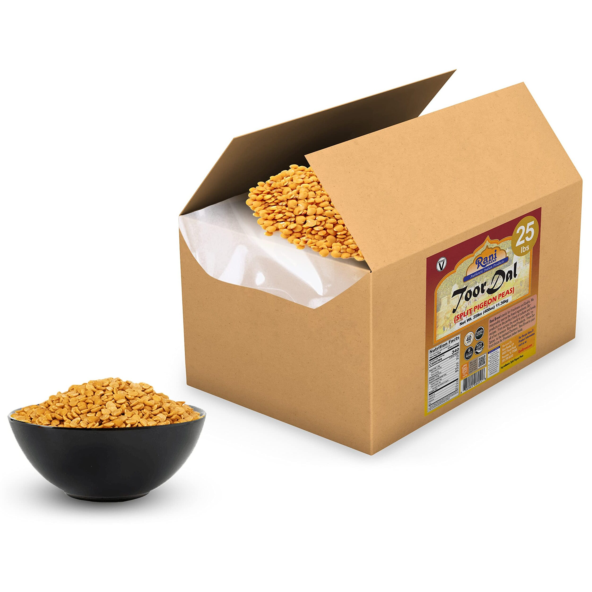 Rani Toor Dal (Split Pigeon Peas) 400oz (25lbs) 11.36kg Bulk Box ~ All Natural, Gluten Friendly, NON-GMO, Vegan, Indian Origin (Size 400oz (25lbs) 11.36kg)