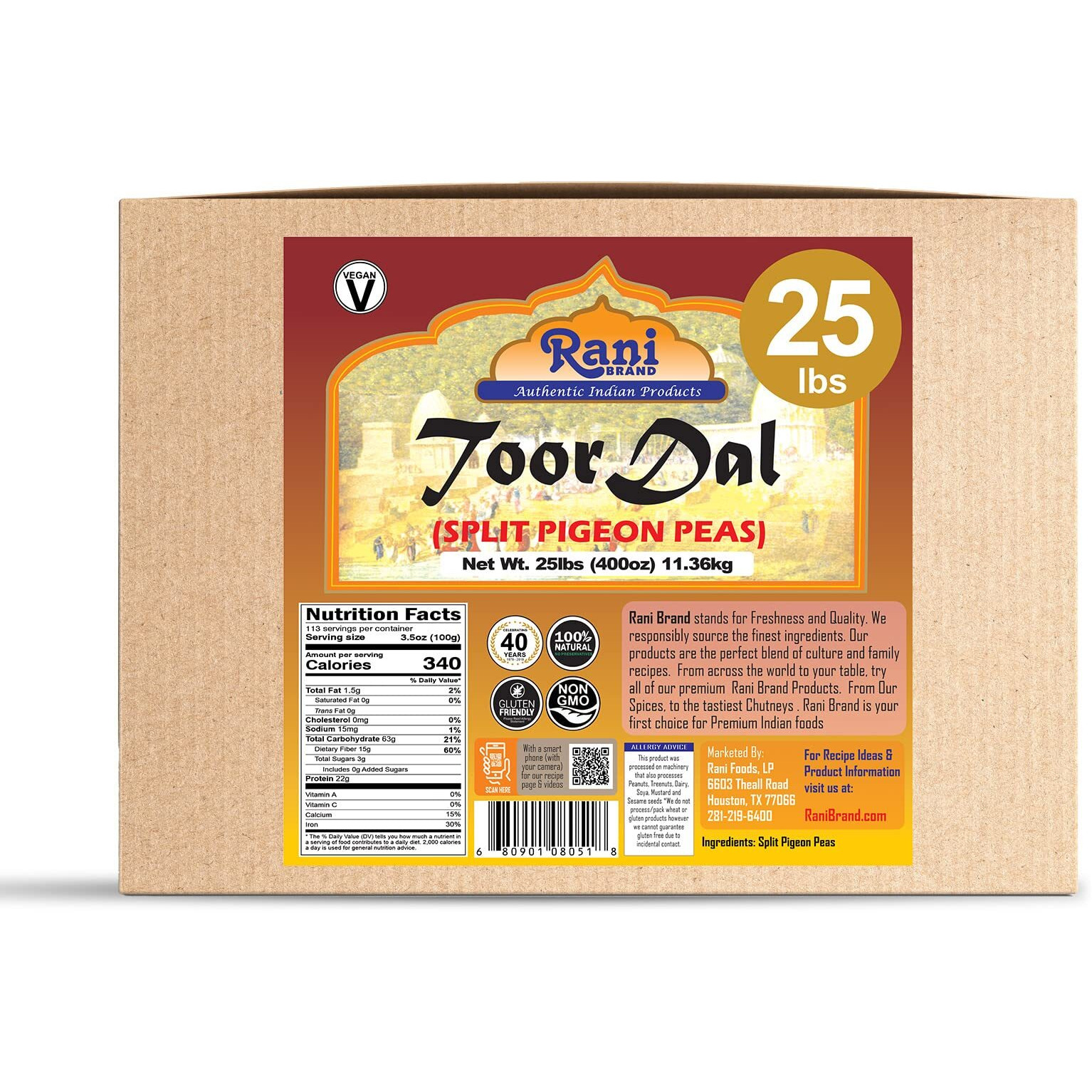 Rani Toor Dal (Split Pigeon Peas) 400oz (25lbs) 11.36kg Bulk Box ~ All Natural, Gluten Friendly, NON-GMO, Vegan, Indian Origin (Size 400oz (25lbs) 11.36kg)