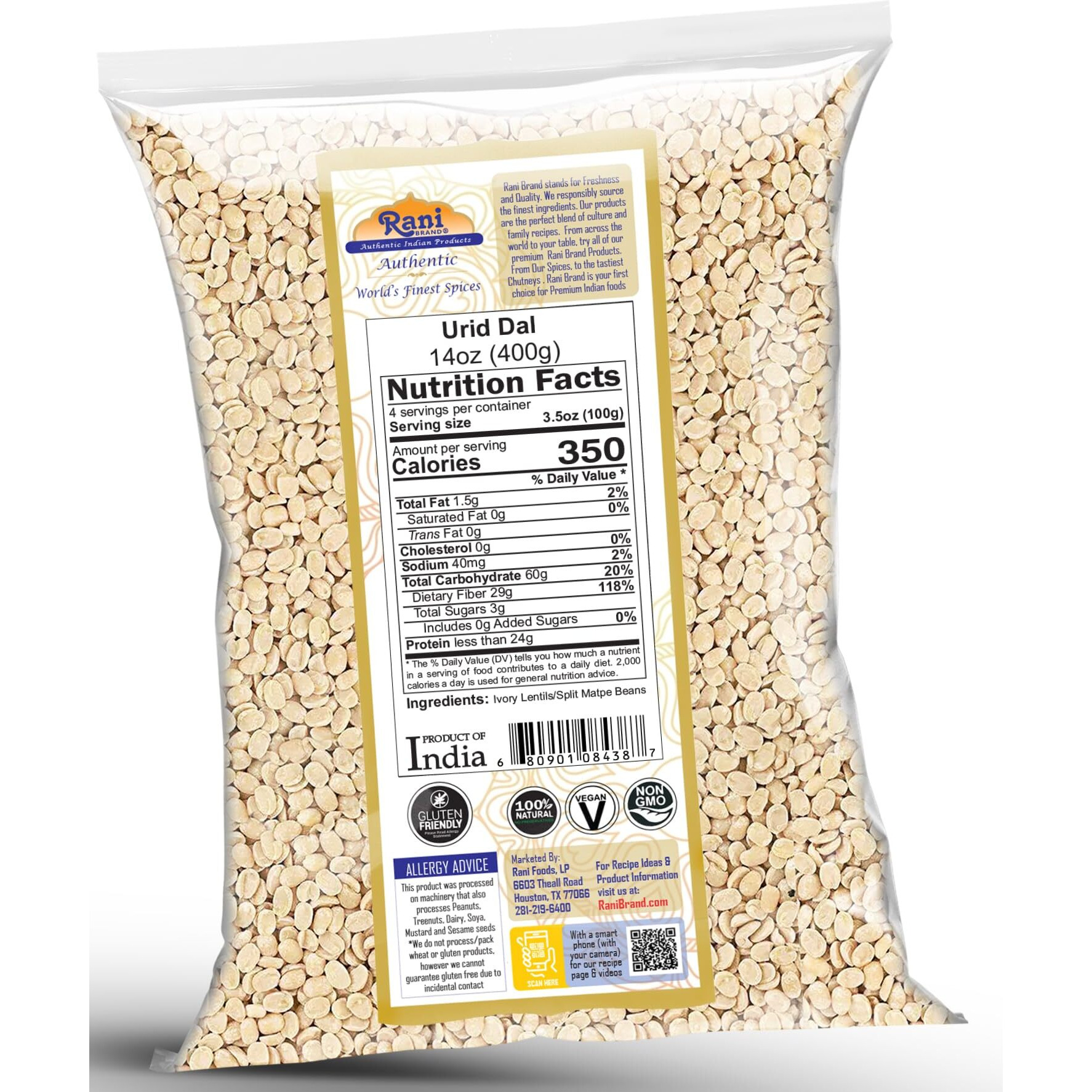 Rani Urid/Urad Dal (Split Matpe Beans Skinless) Indian Lentils 14oz (400g) ~ All Natural, Gluten Friendly, NON-GMO, Kosher, Vegan, Indian Origin (Size 14oz (400g))