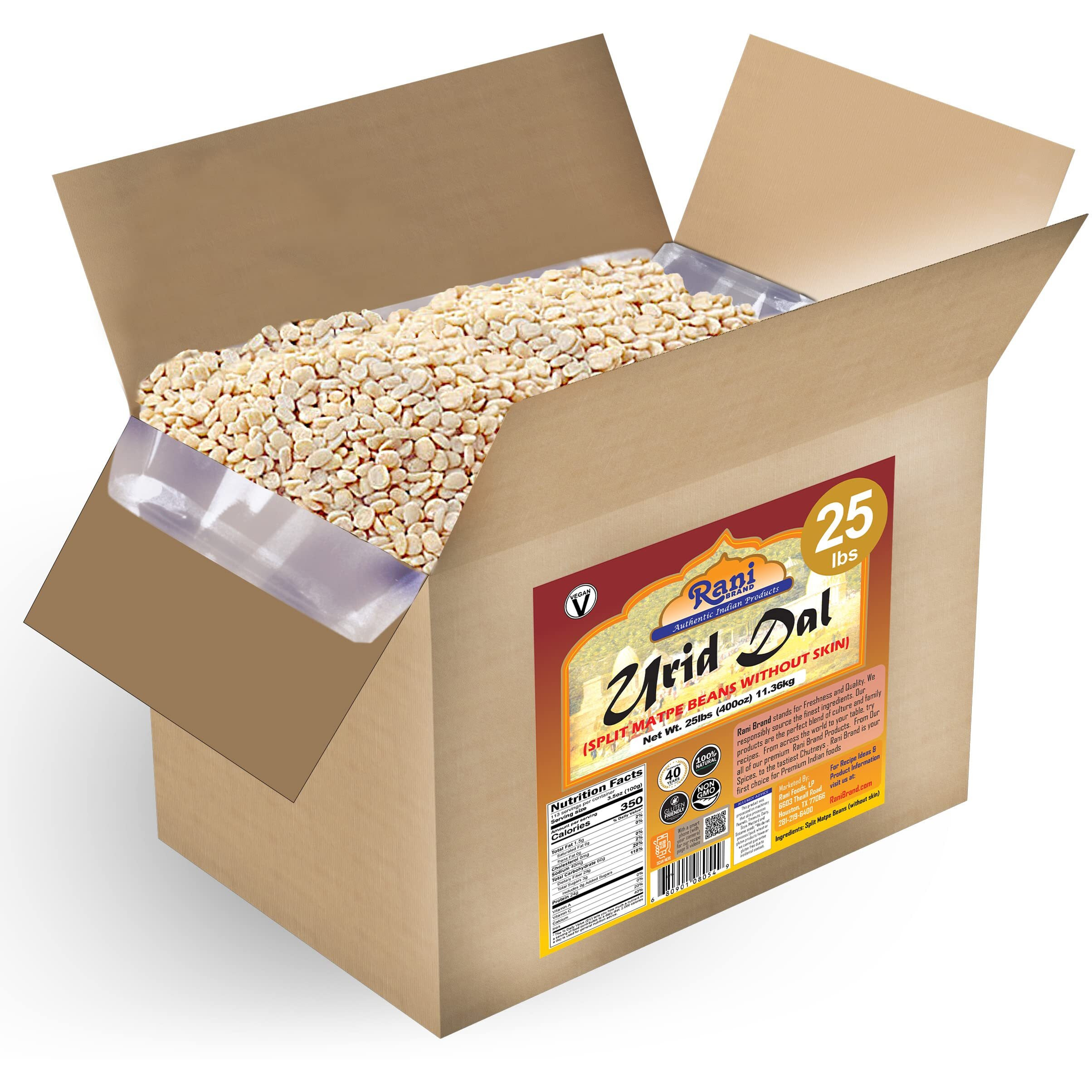 Rani Urid/Urad Dal (Split Matpe Beans Skinless) Indian Lentils 400oz (25lbs) 11.36kg Bulk Box ~ All Natural, Gluten Friendly, Non-GMO, Kosher, Vegan, Indian Origin (Size 400oz (25lbs) 11.36kg)