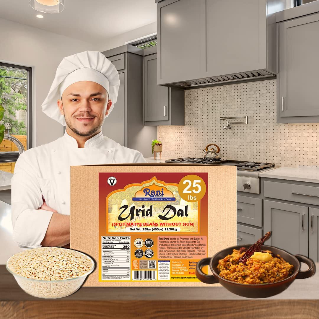 Rani Urid/Urad Dal (Split Matpe Beans Skinless) Indian Lentils 400oz (25lbs) 11.36kg Bulk Box ~ All Natural, Gluten Friendly, Non-GMO, Kosher, Vegan, Indian Origin (Size 400oz (25lbs) 11.36kg)