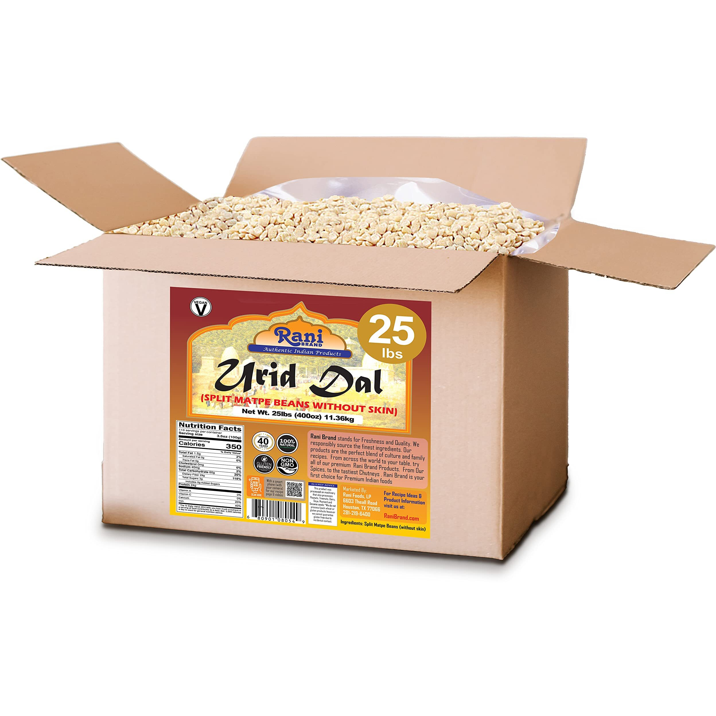 Rani Urid/Urad Dal (Split Matpe Beans Skinless) Indian Lentils 400oz (25lbs) 11.36kg Bulk Box ~ All Natural, Gluten Friendly, Non-GMO, Kosher, Vegan, Indian Origin (Size 400oz (25lbs) 11.36kg)