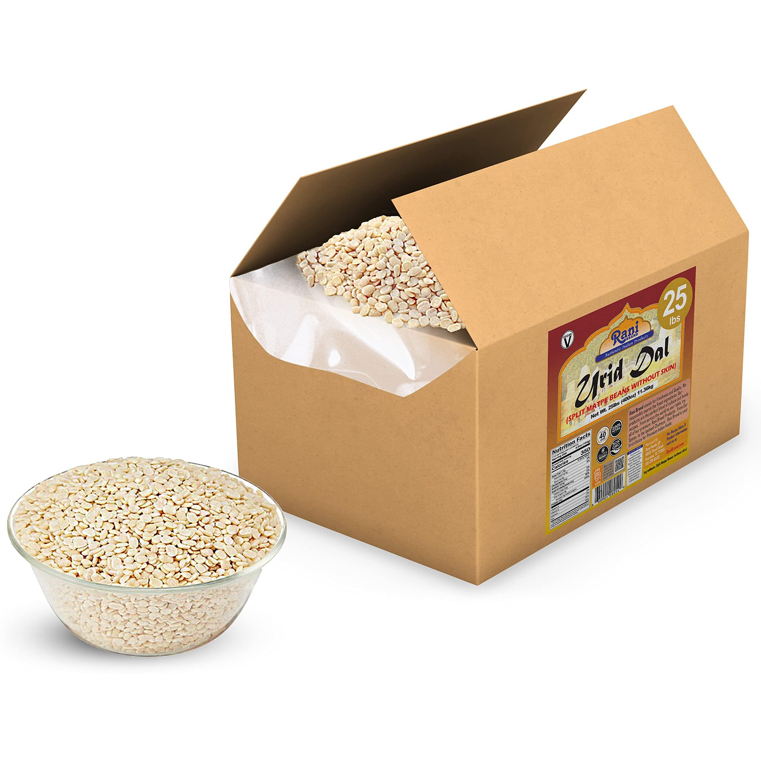 Rani Urid/Urad Dal (Split Matpe Beans Skinless) Indian Lentils 400oz (25lbs) 11.36kg Bulk Box ~ All Natural, Gluten Friendly, Non-GMO, Kosher, Vegan, Indian Origin (Size 400oz (25lbs) 11.36kg)
