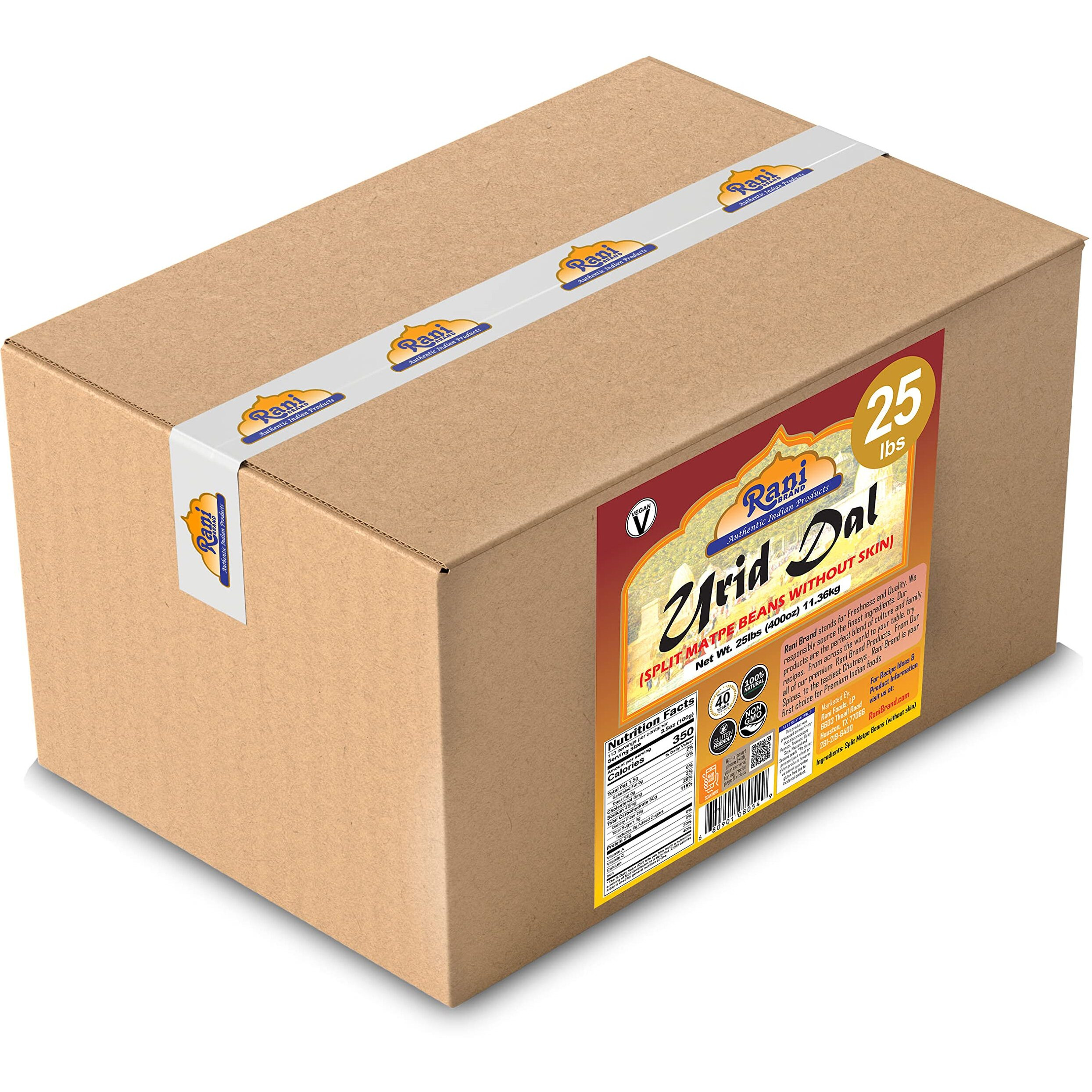 Rani Urid/Urad Dal (Split Matpe Beans Skinless) Indian Lentils 400oz (25lbs) 11.36kg Bulk Box ~ All Natural, Gluten Friendly, Non-GMO, Kosher, Vegan, Indian Origin (Size 400oz (25lbs) 11.36kg)