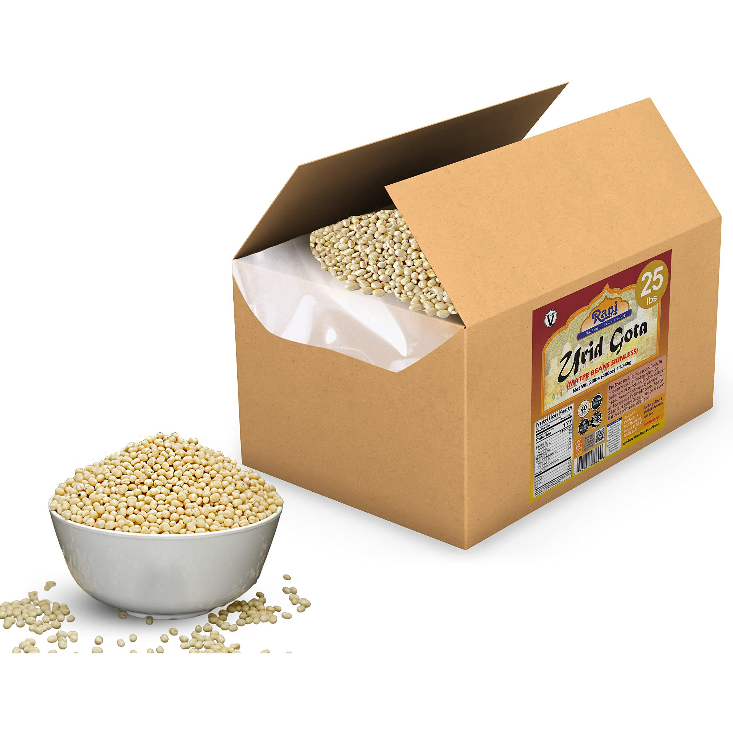 Rani Urid/Urad Gota White (Matpe Beans Skinless) Indian Lentils 400oz (25lbs) 11.36kg Bulk Box ~ All Natural, Gluten Friendly, Non-GMO, Kosher, Vegan, Indian Origin (Size 400oz (25lbs) 11.36kg)